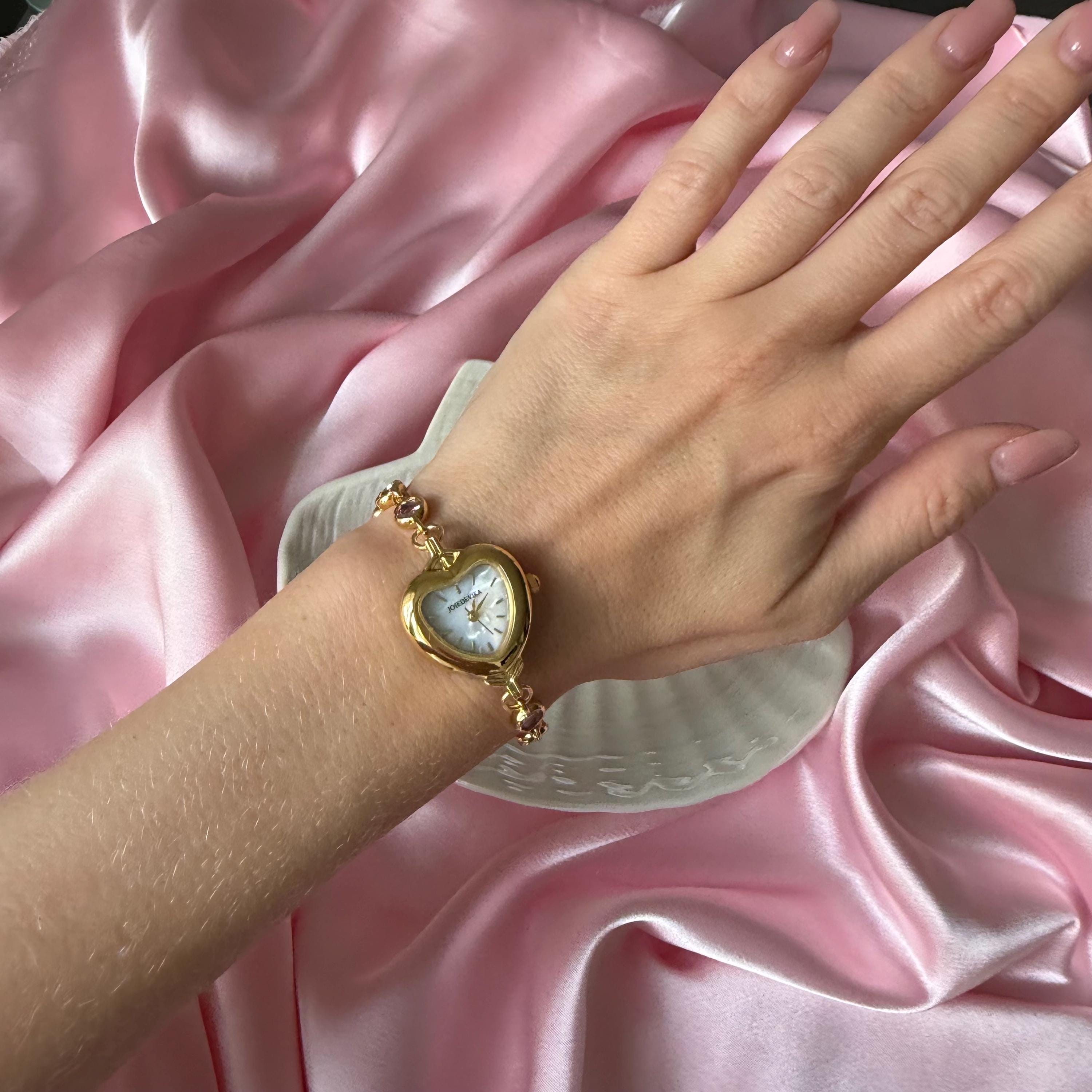 Heart Watch Bracelet • Gold Chain, Pearl, and Crystal Adjustable Watch