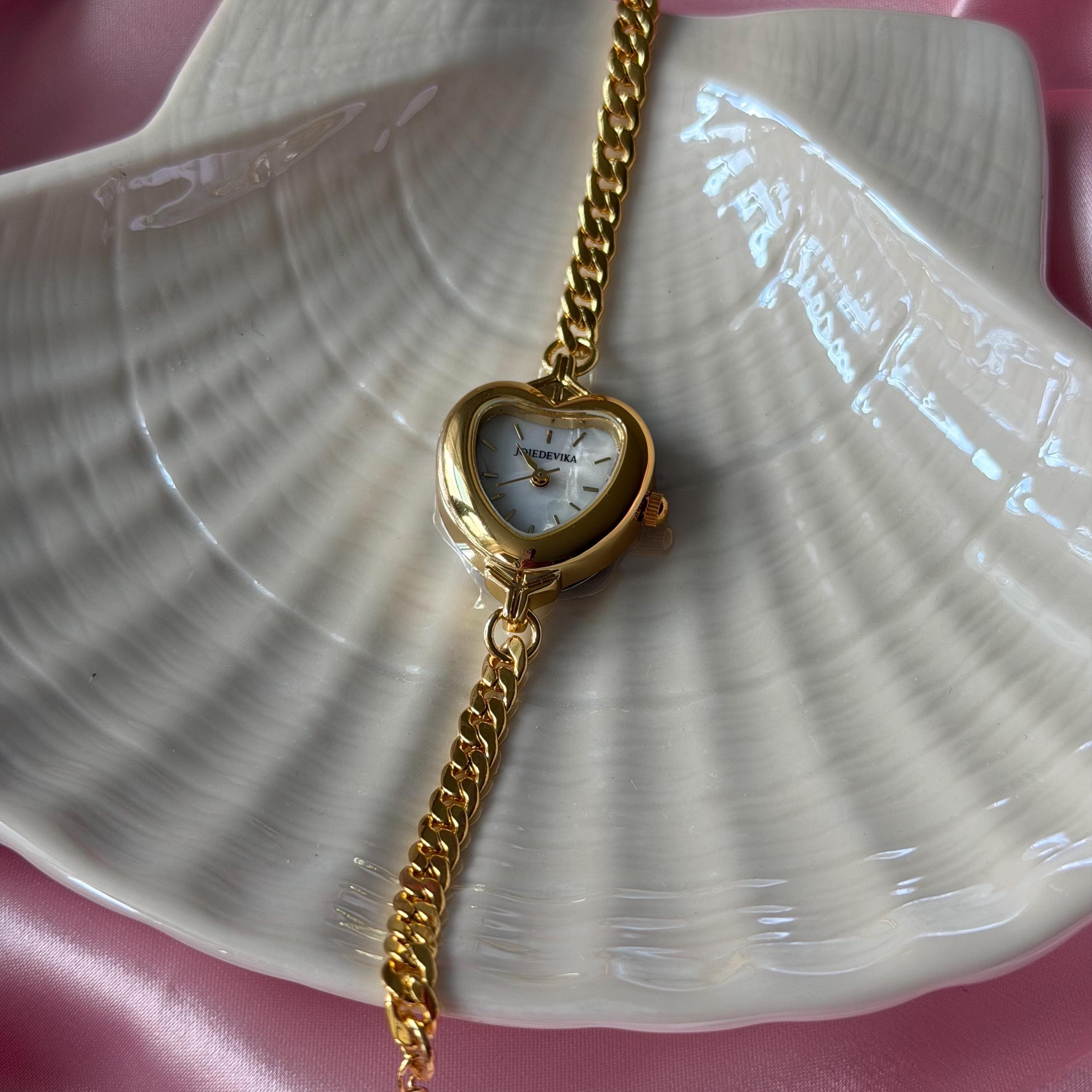 Handmade Gold Heart Watch Bracelet • Dainty Chain, Adjustable