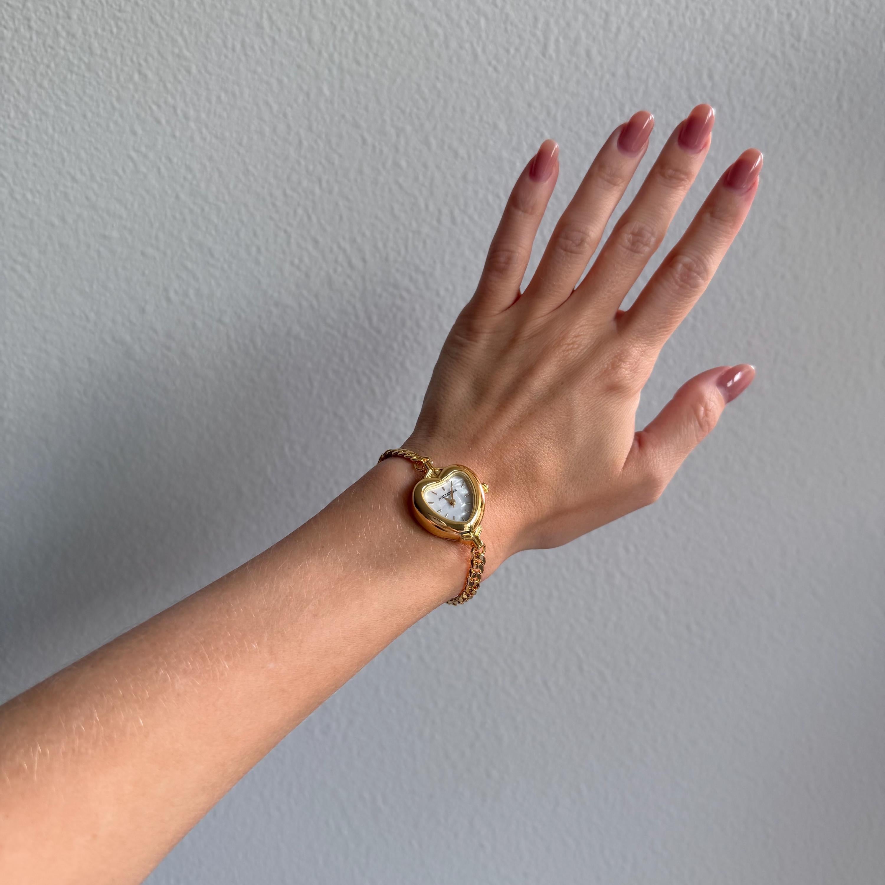 Handmade Gold Heart Watch Bracelet • Dainty Chain, Adjustable
