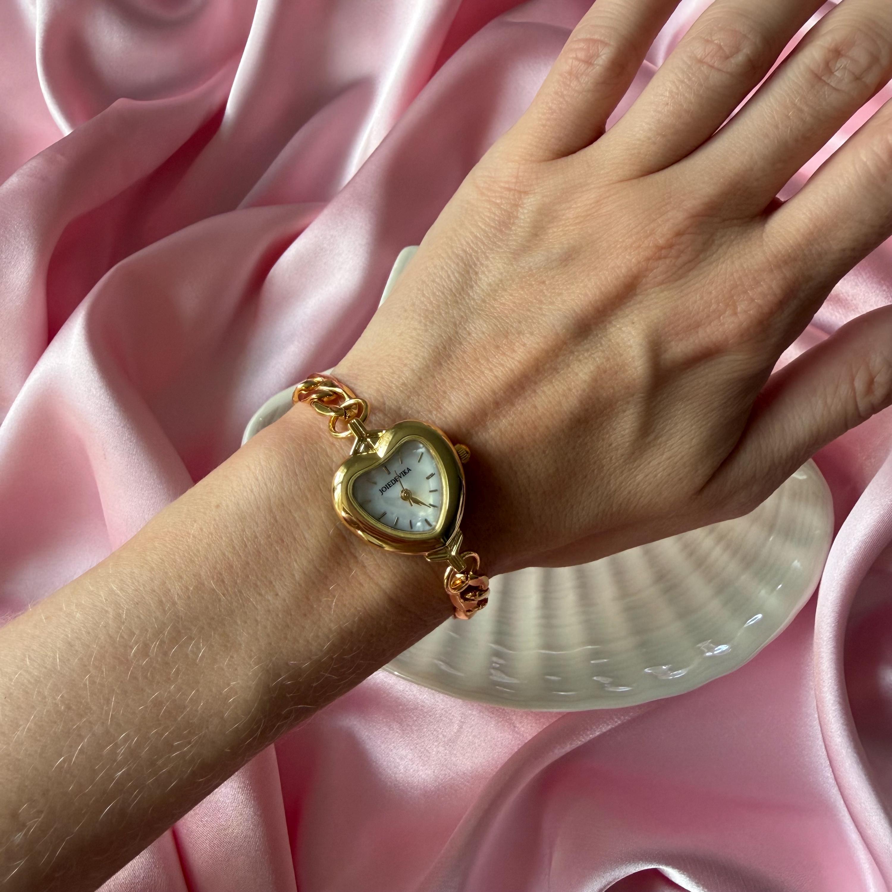 Heart Watch Bracelet • Gold Chain, Pearl, and Crystal Adjustable Watch