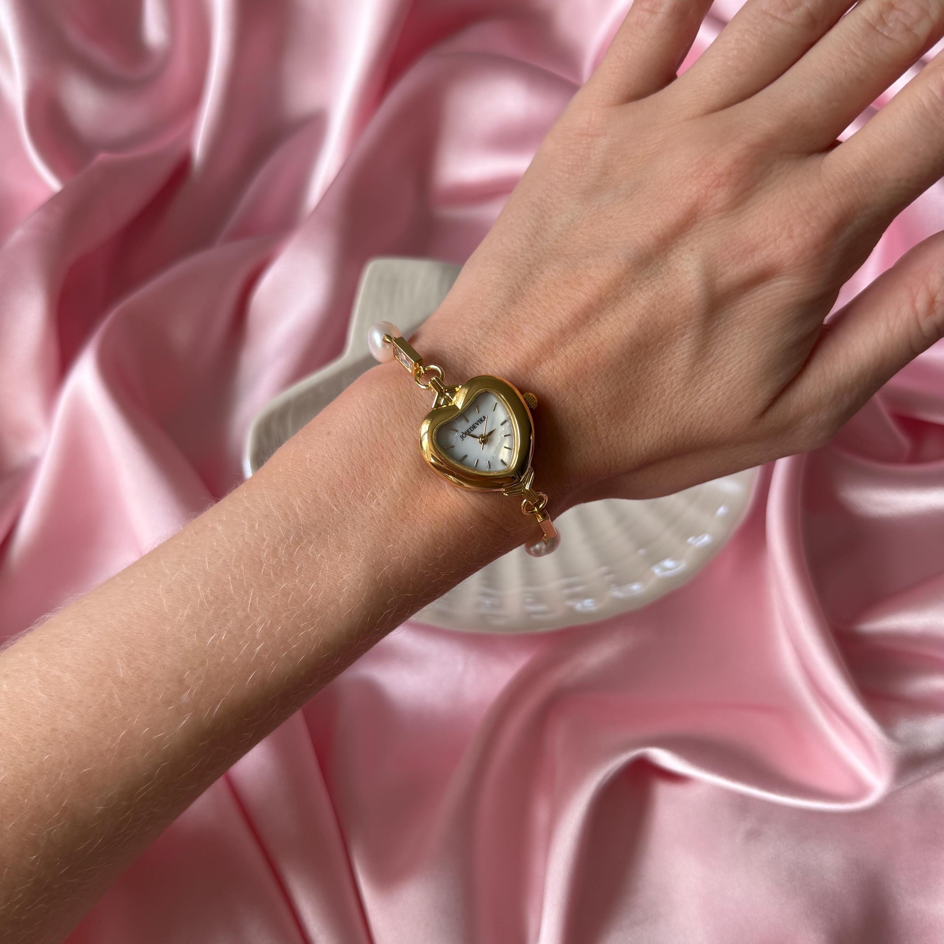 Heart Watch Bracelet • Gold Chain, Pearl, and Crystal Adjustable Watch
