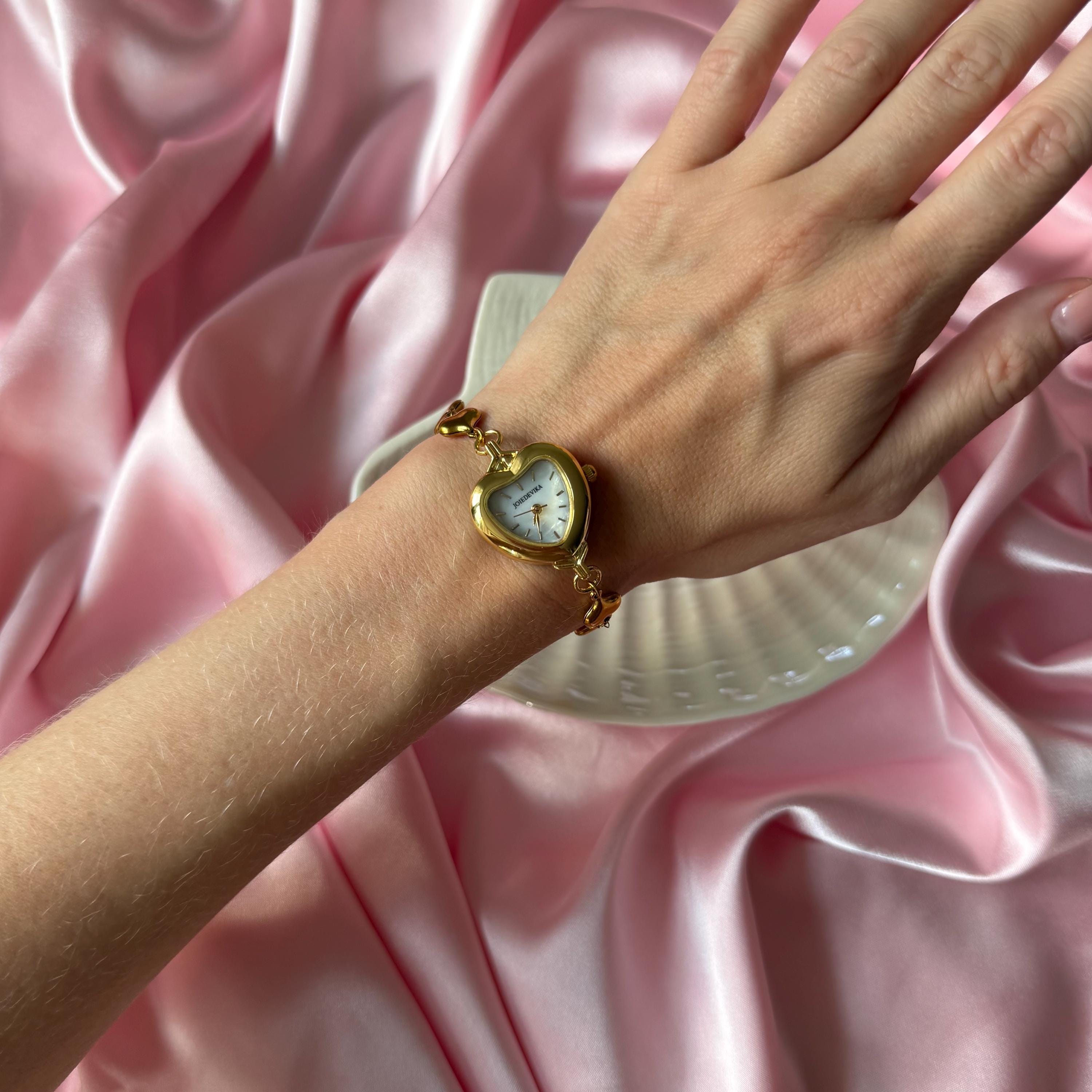 Heart Watch Bracelet • Gold Chain, Pearl, and Crystal Adjustable Watch