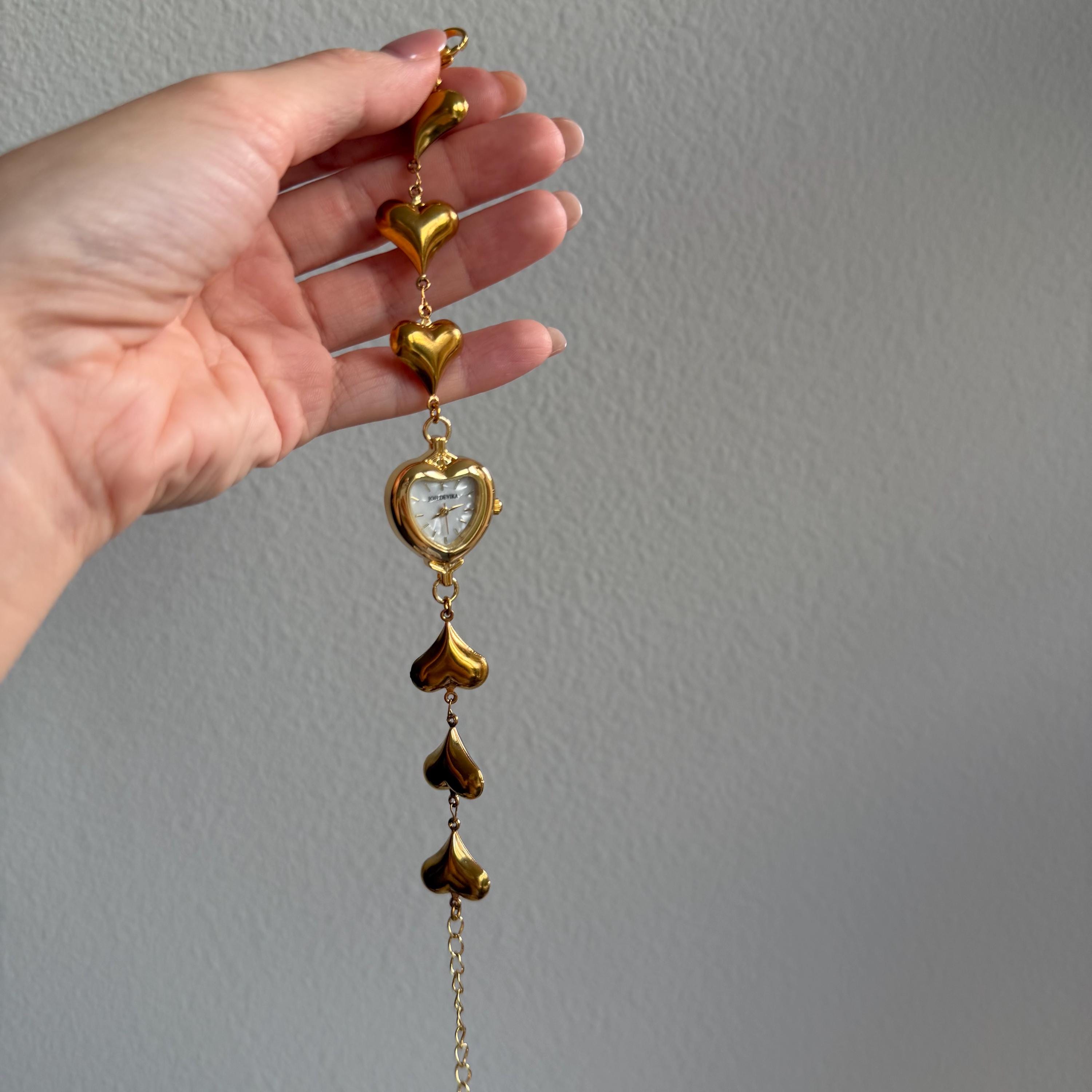 Gold Heart Watch Bracelet • Mother-of-Pearl Dial, Handmade