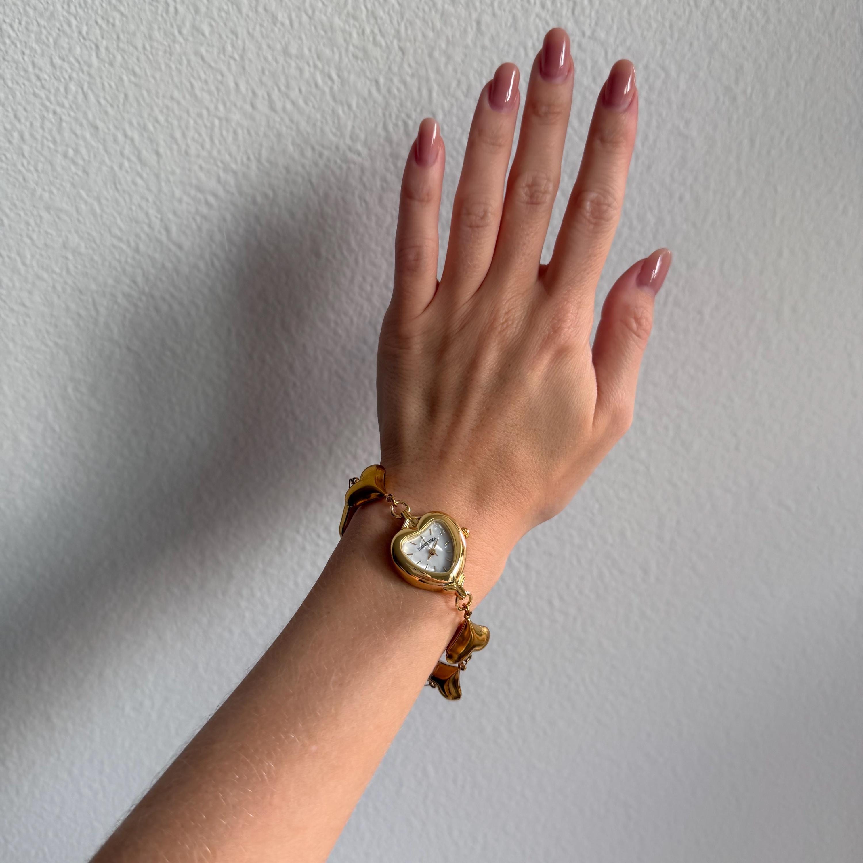 Gold Heart Watch Bracelet • Mother-of-Pearl Dial, Handmade