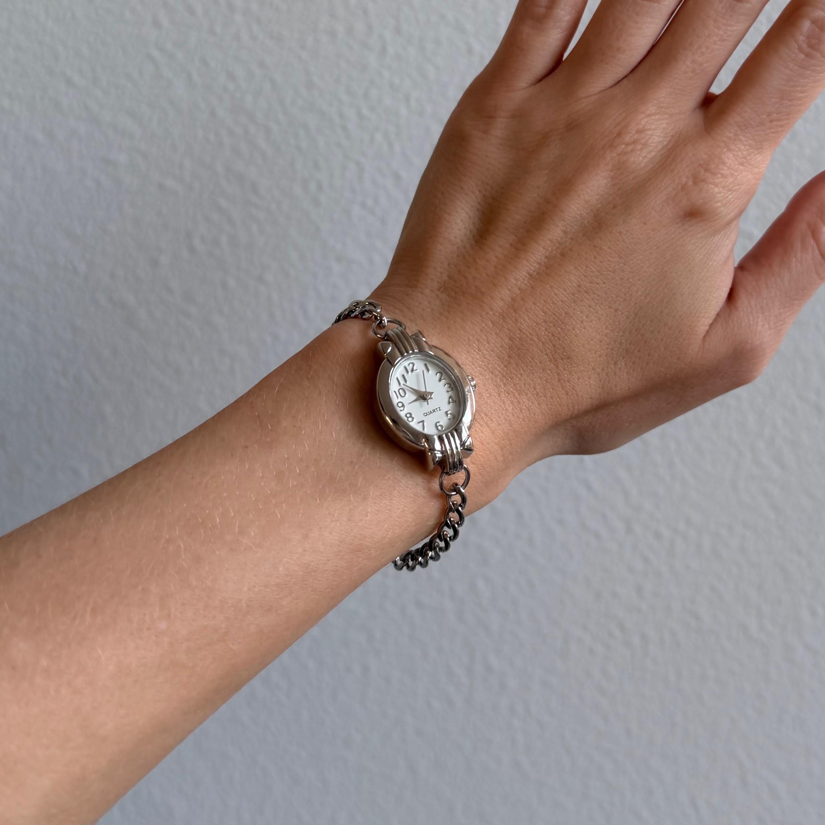 Handmade Silver Watch Bracelet: Chunky Chain Vintage Wristwatch