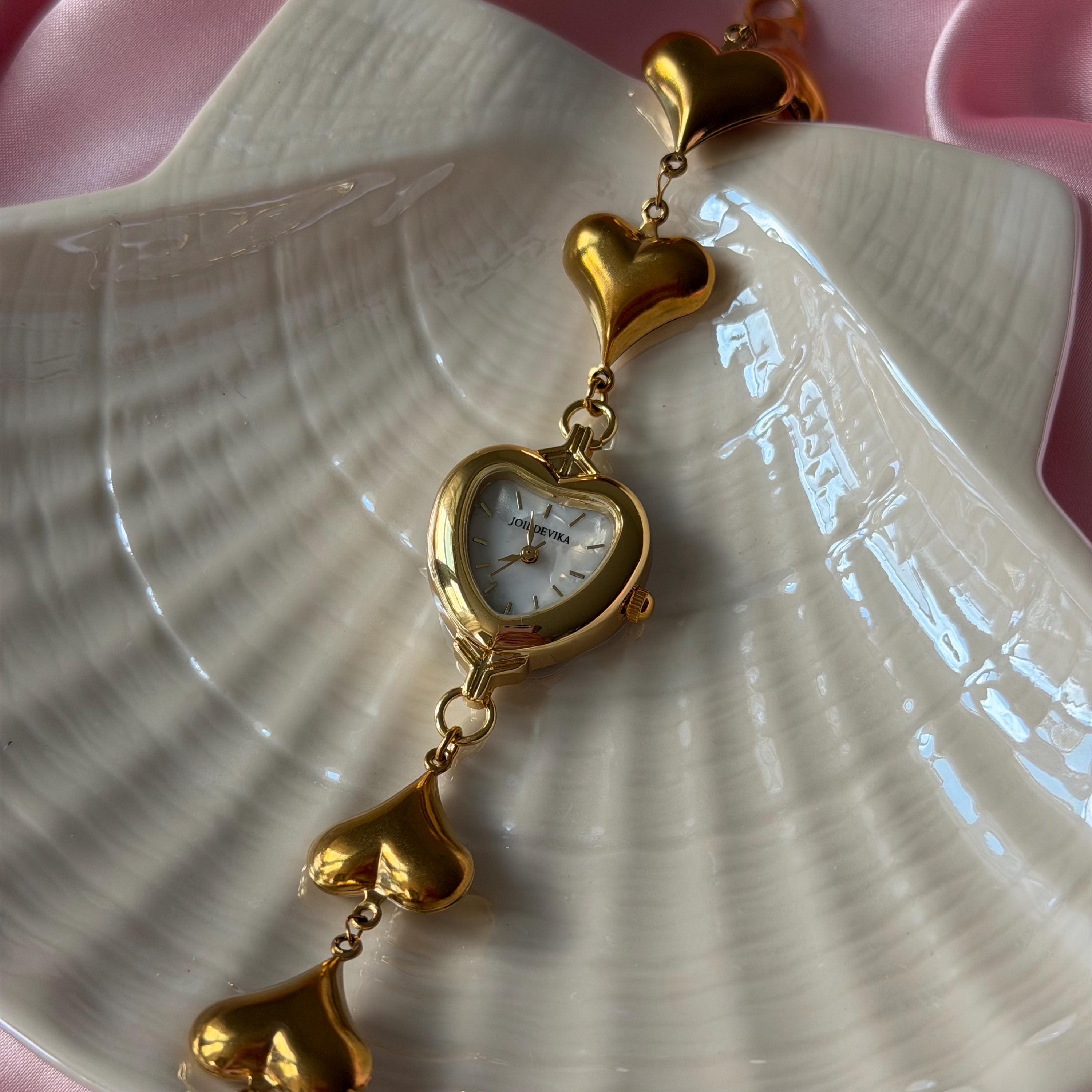 Gold Heart Watch Bracelet • Mother-of-Pearl Dial, Handmade