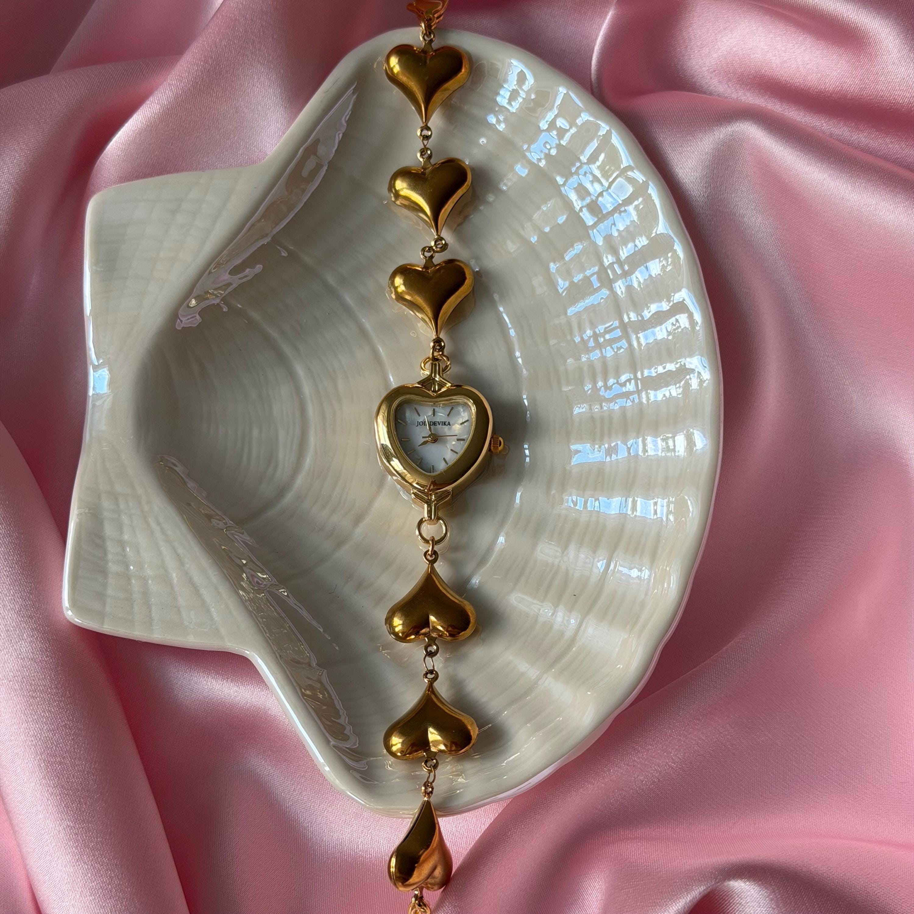Gold Heart Watch Bracelet • Mother-of-Pearl Dial, Handmade