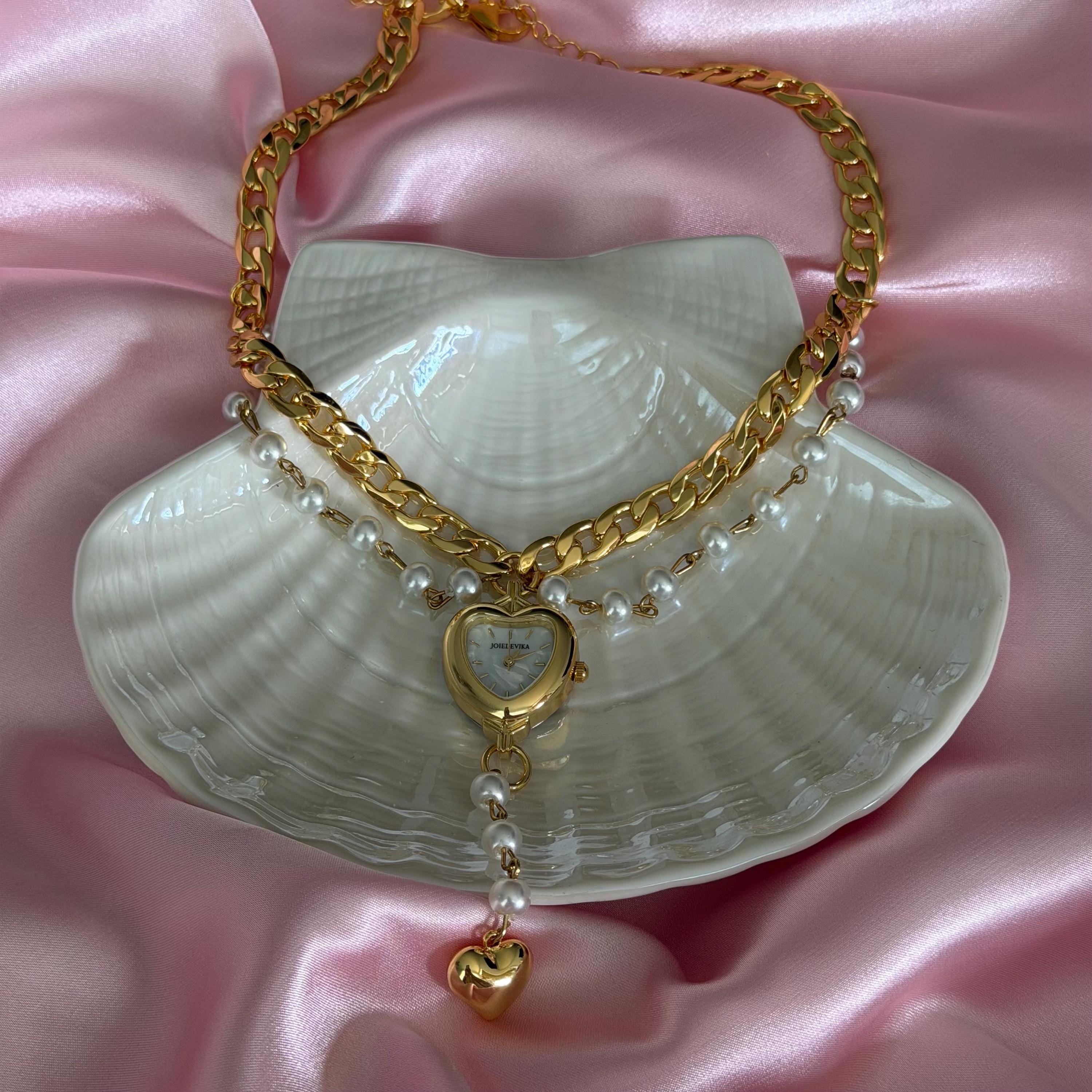 Gold Heart Locket Necklace, Vintage Pearl Chain, Romantic Jewelry Gift