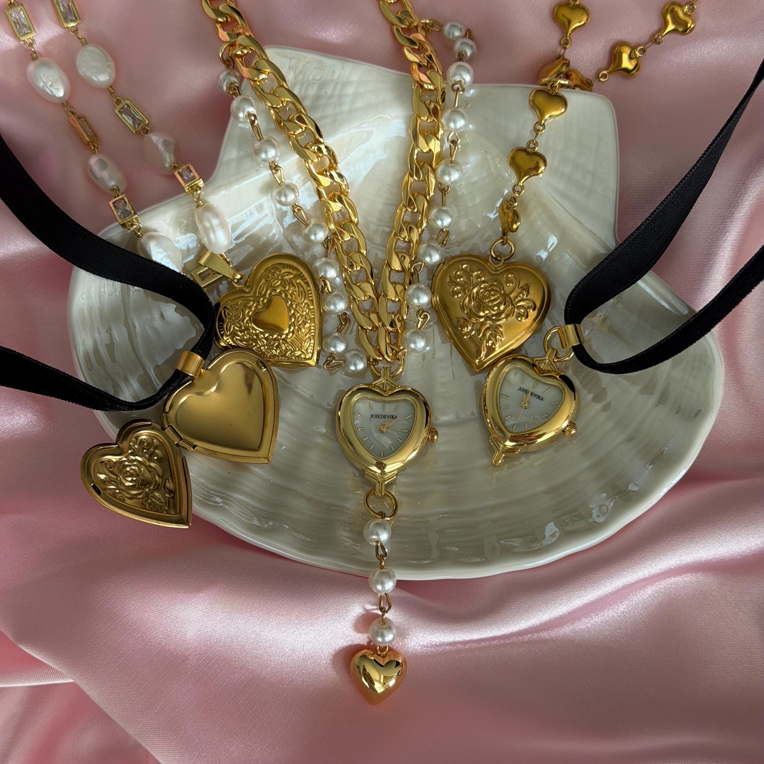 Gold Heart Locket Necklace, Vintage Pearl Chain, Romantic Jewelry Gift