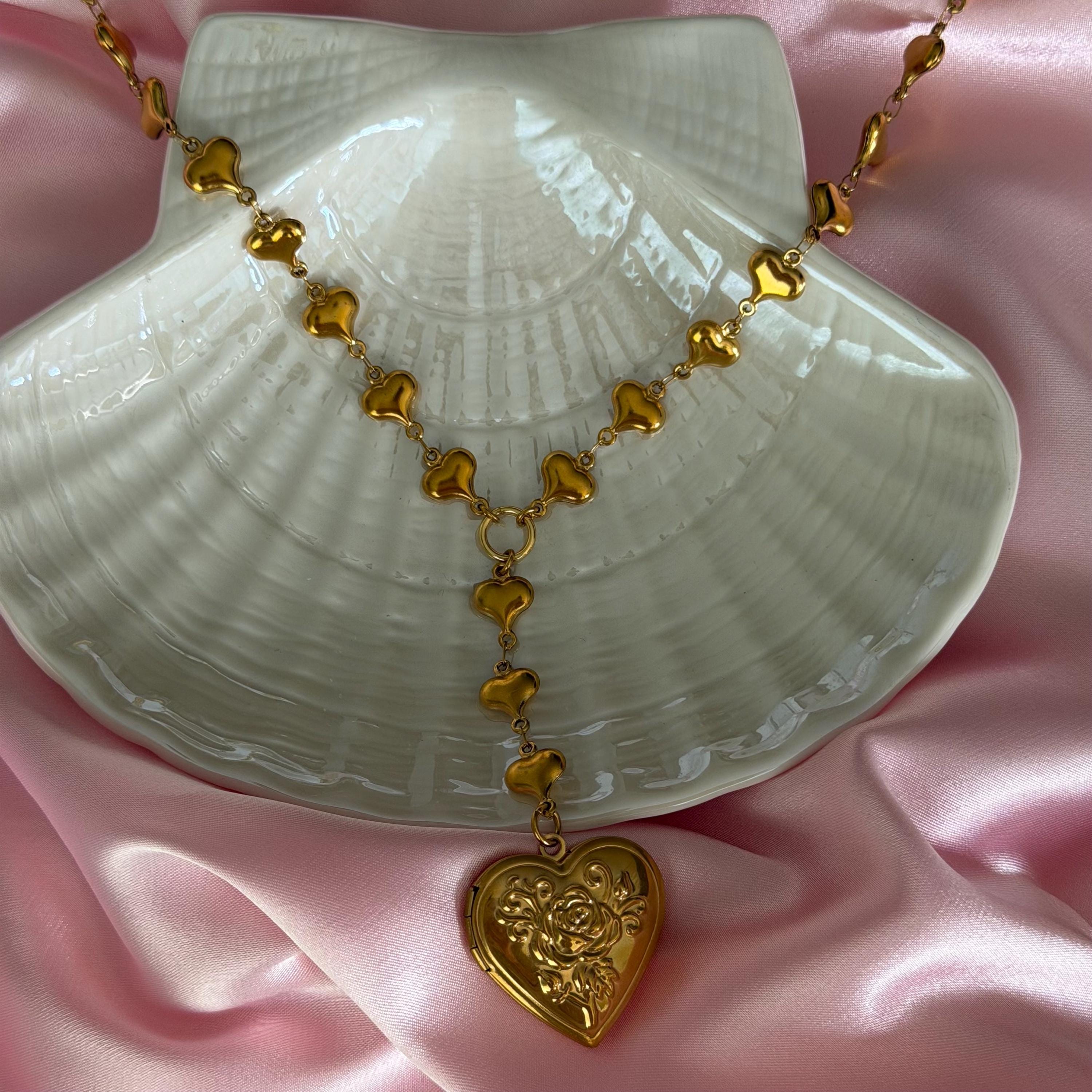 Gold Heart Locket Necklace, Vintage Pearl Chain, Romantic Jewelry Gift