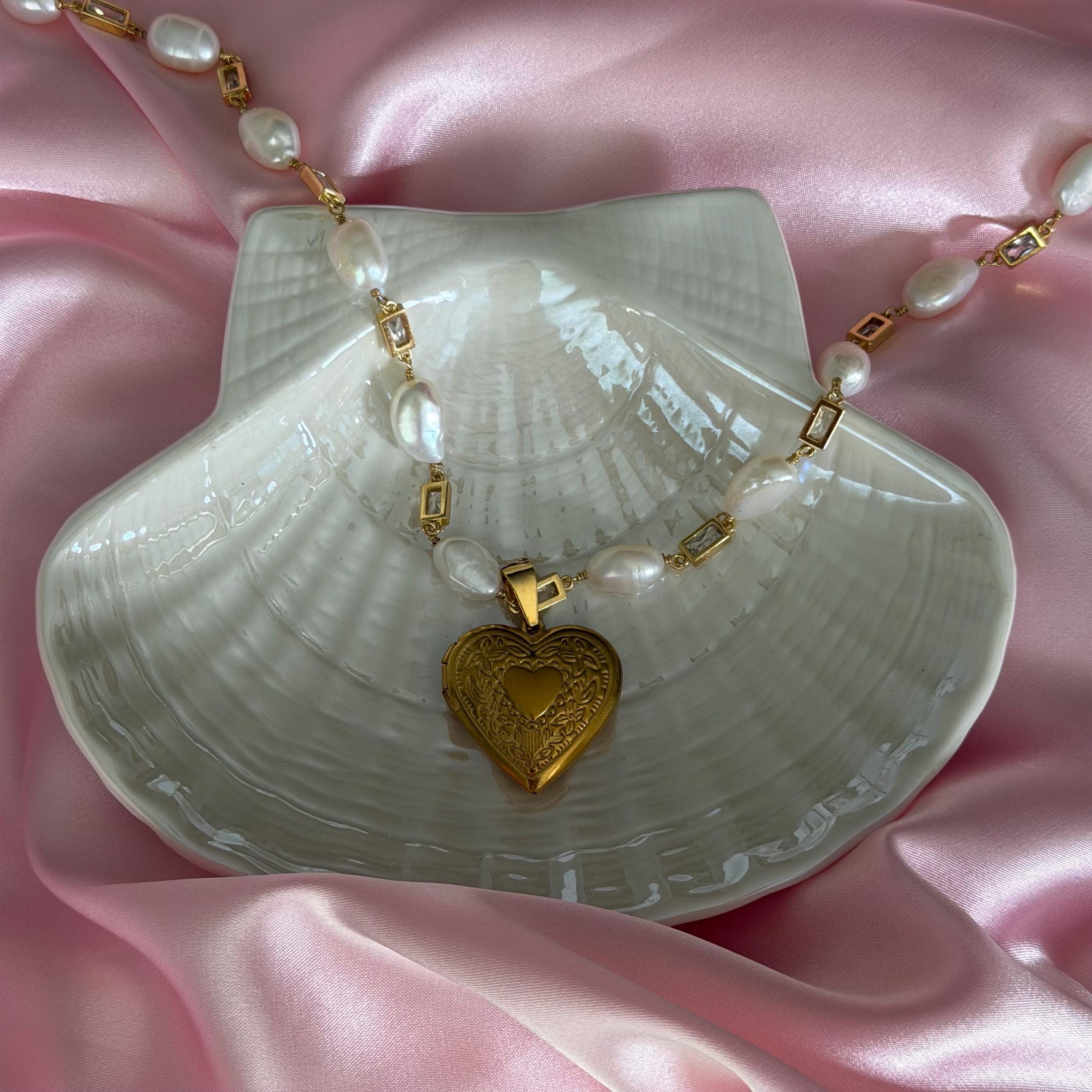 Gold Heart Locket Necklace, Vintage Pearl Chain, Romantic Jewelry Gift