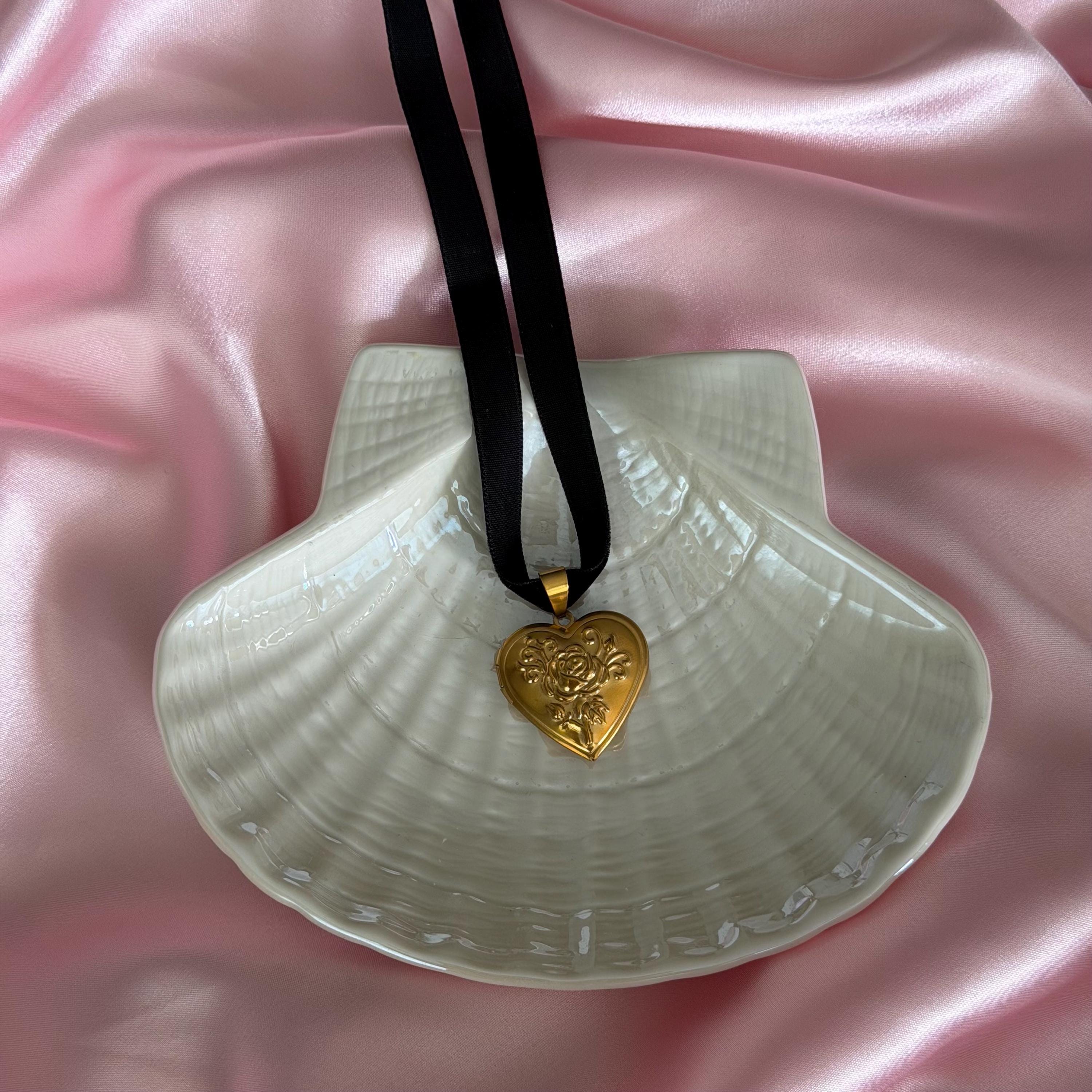 Gold Heart Locket Necklace, Vintage Pearl Chain, Romantic Jewelry Gift