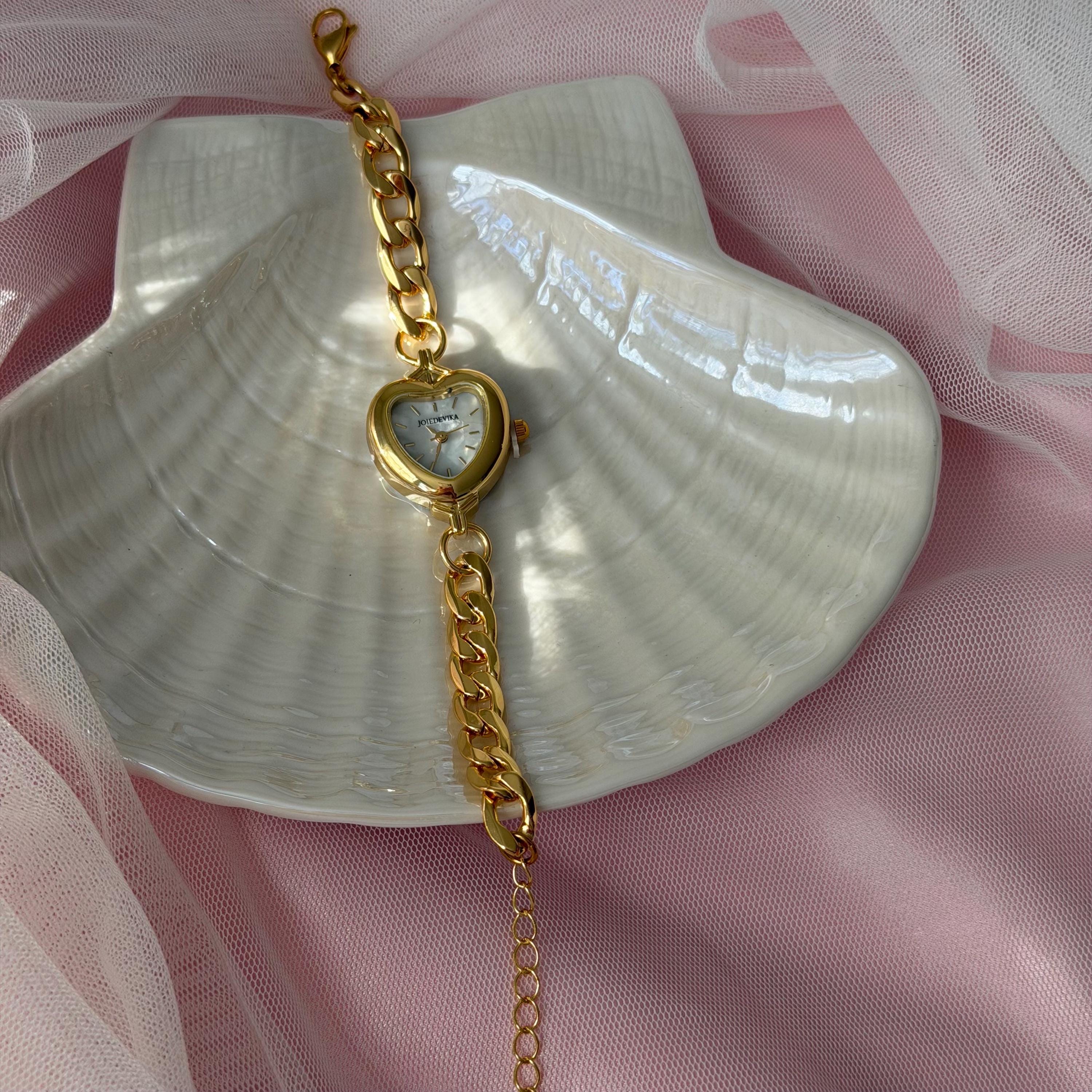Heart Watch Bracelet, Mother-of-Pearl Dial, Gold-Tone, Adjustable Chain