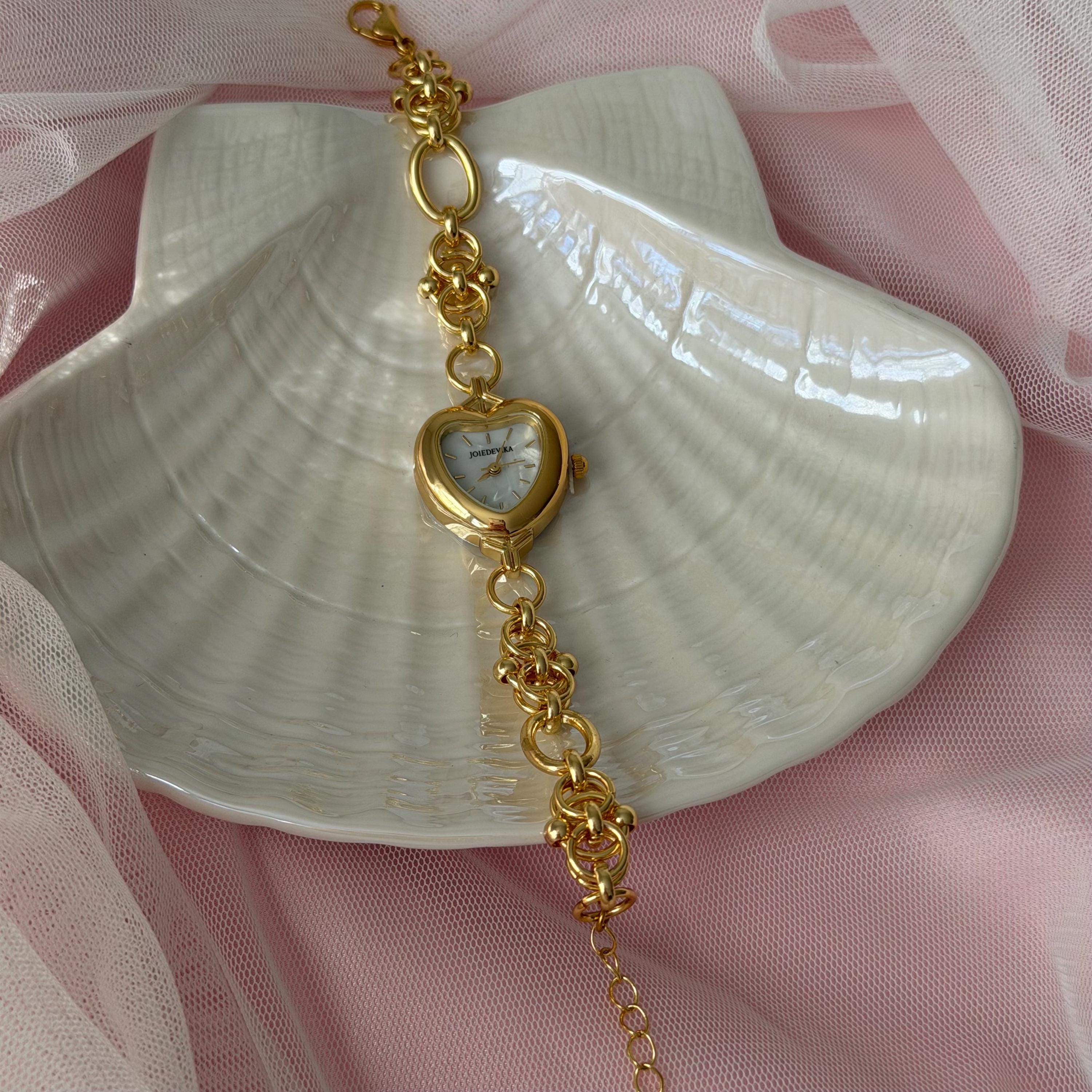 Heart Watch Bracelet, Mother-of-Pearl Dial, Gold-Tone, Adjustable Chain