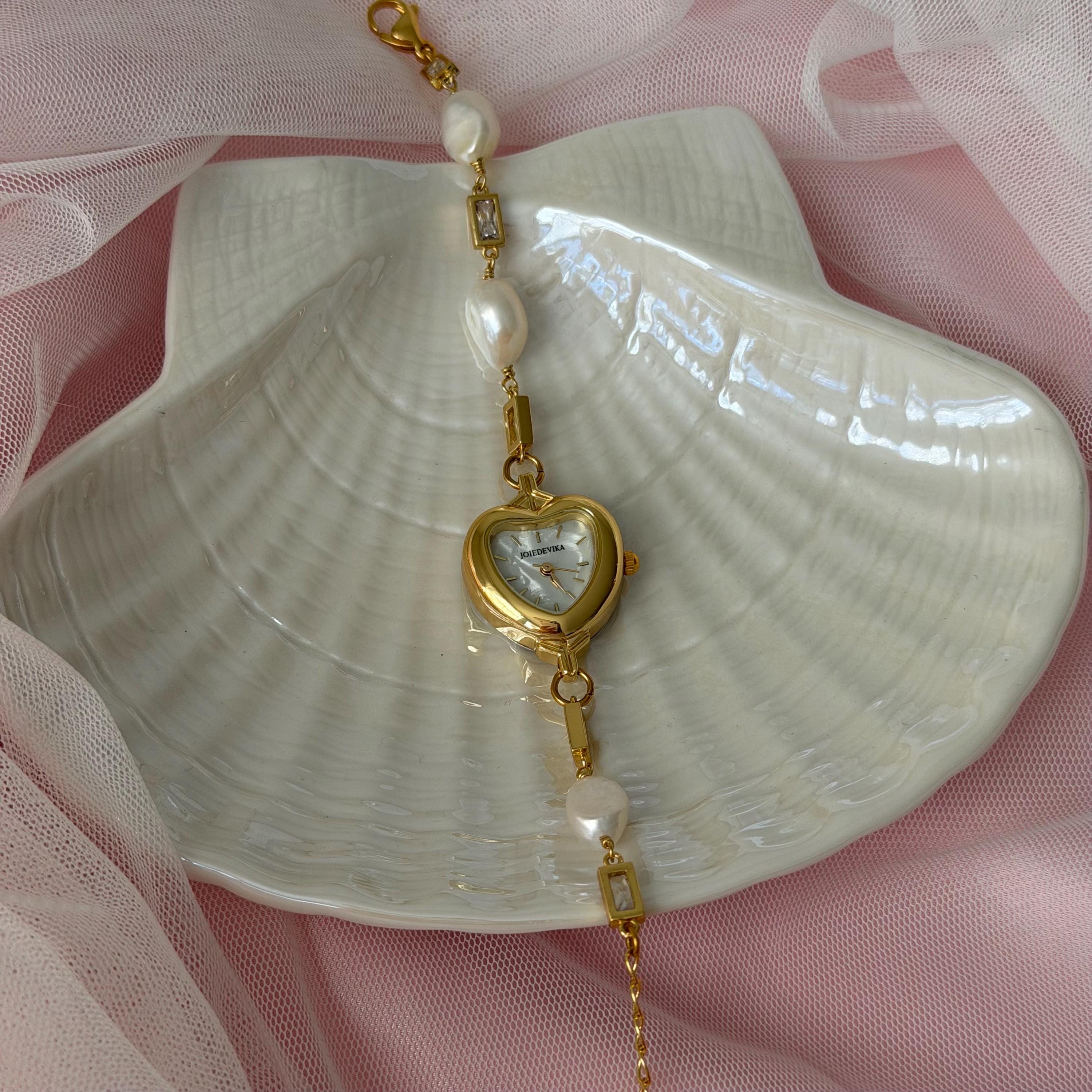 Heart Watch Bracelet, Mother-of-Pearl Dial, Gold-Tone, Adjustable Chain