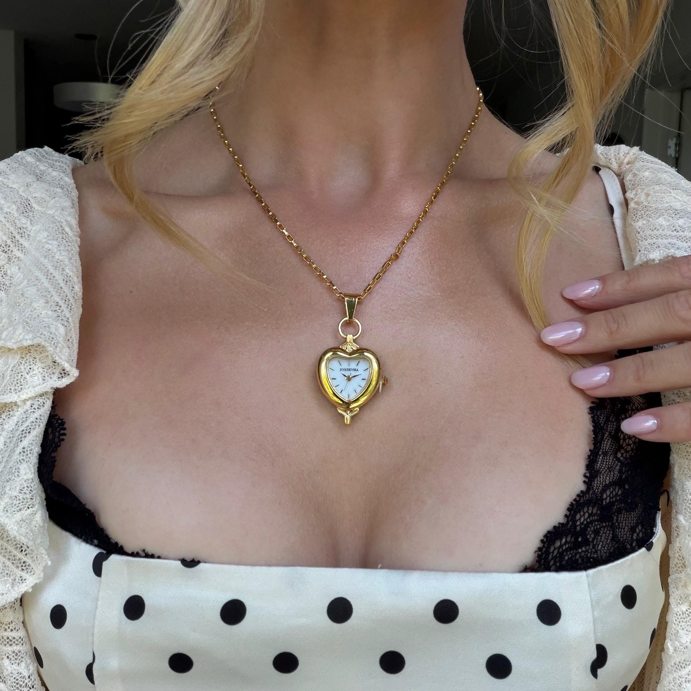 Heart Watch Necklace, Gold Pendant Watch, Vintage Style Working Watch Necklace, Coquette Jewelry, Dainty Heart Locket Watch, Gift for Her