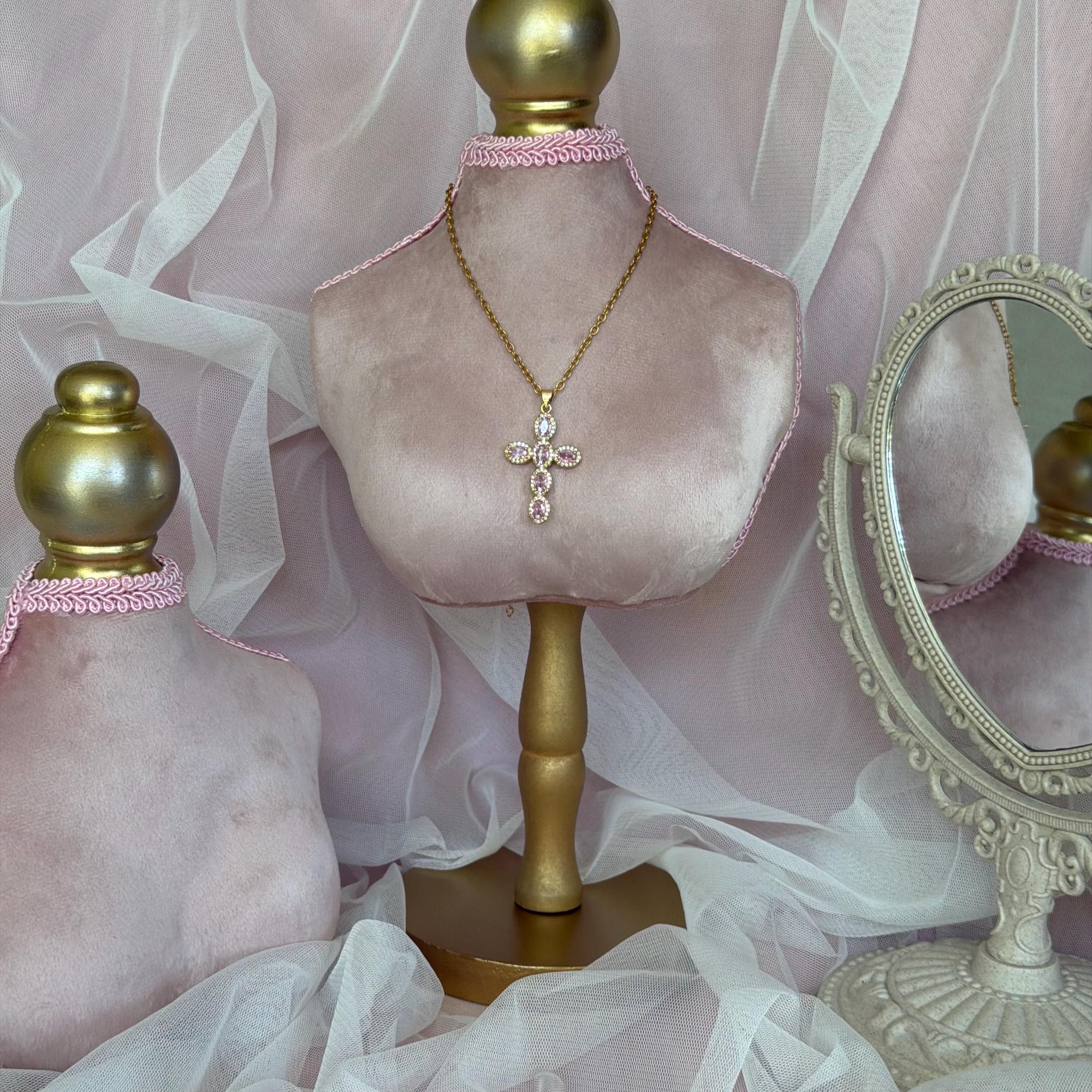 Pink Cross Necklace, Gold Crystal Cross Pendant, Dainty Coquette Cross Necklace, Pink Stone Cross, Faith Jewelry, Gift for Her