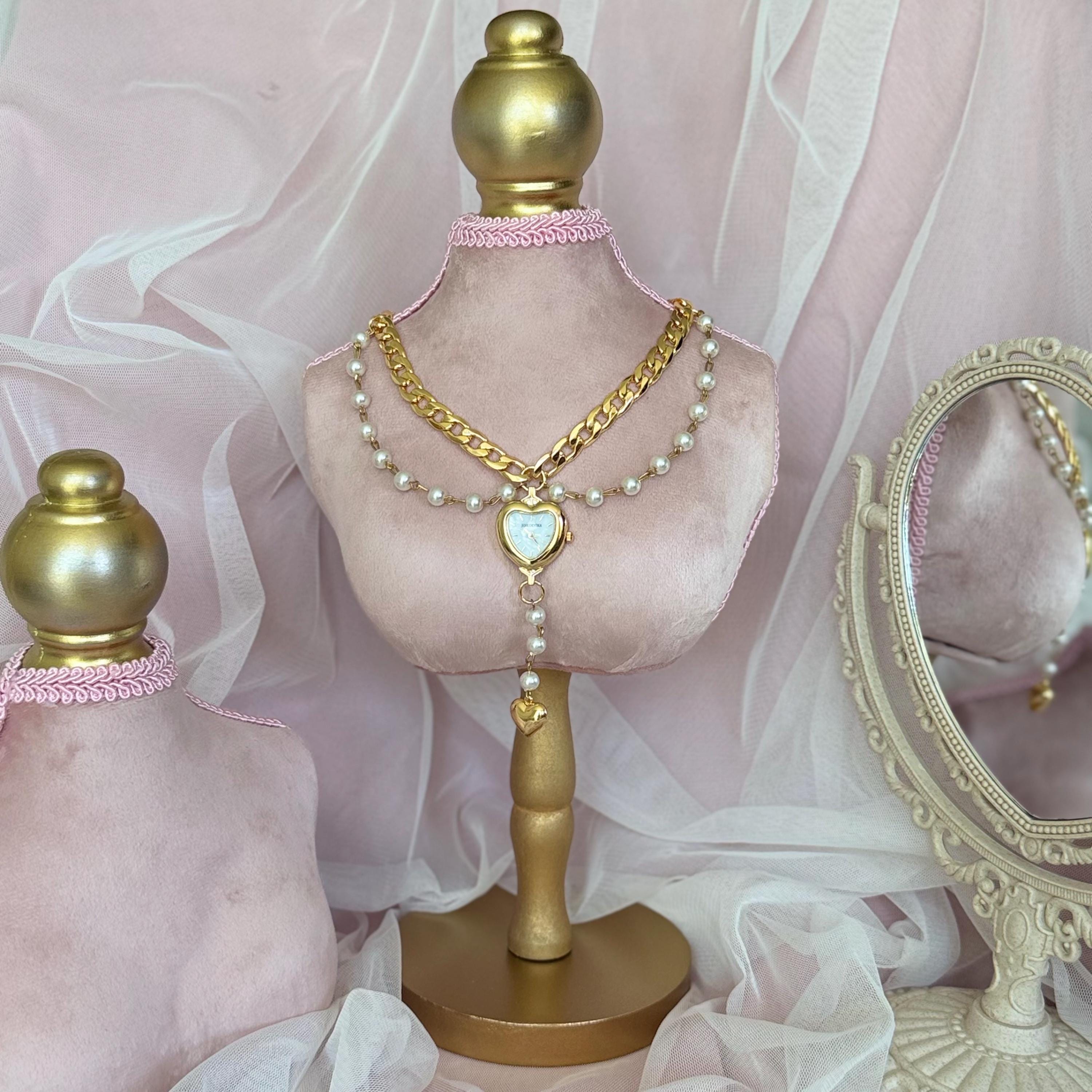 Heart Watch Statement Necklace, Layered Pearl Chain Watch Necklace, Gold Curb Chain Watch Pendant, Coquette Old Money Jewelry, Gift for Her
