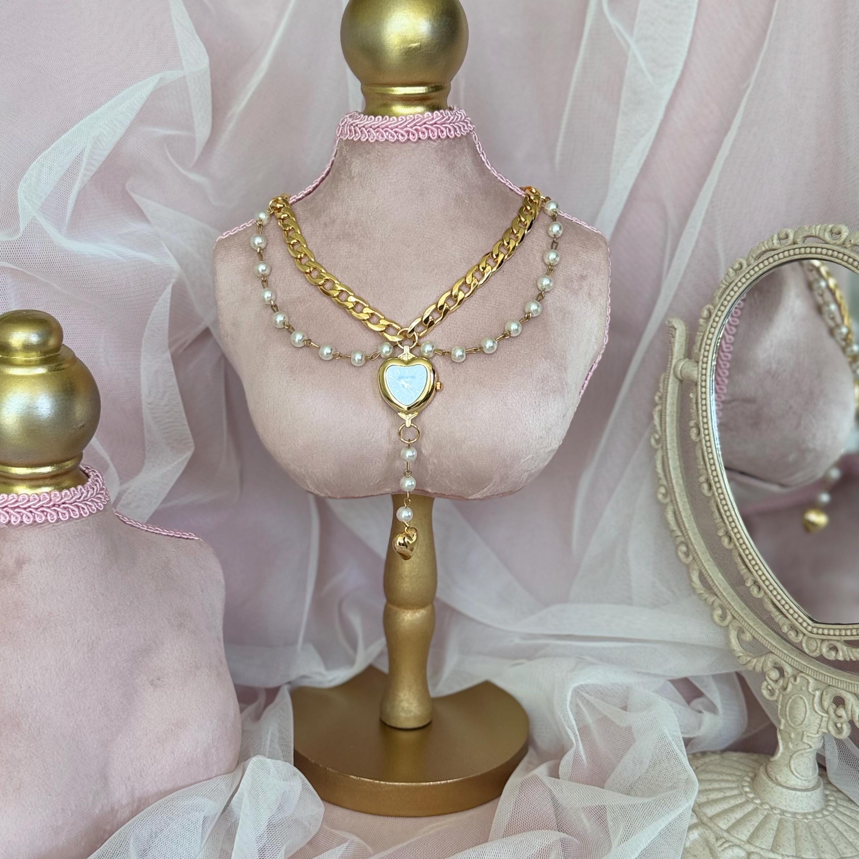 Heart Watch Statement Necklace, Layered Pearl Chain Watch Necklace, Gold Curb Chain Watch Pendant, Coquette Old Money Jewelry, Gift for Her