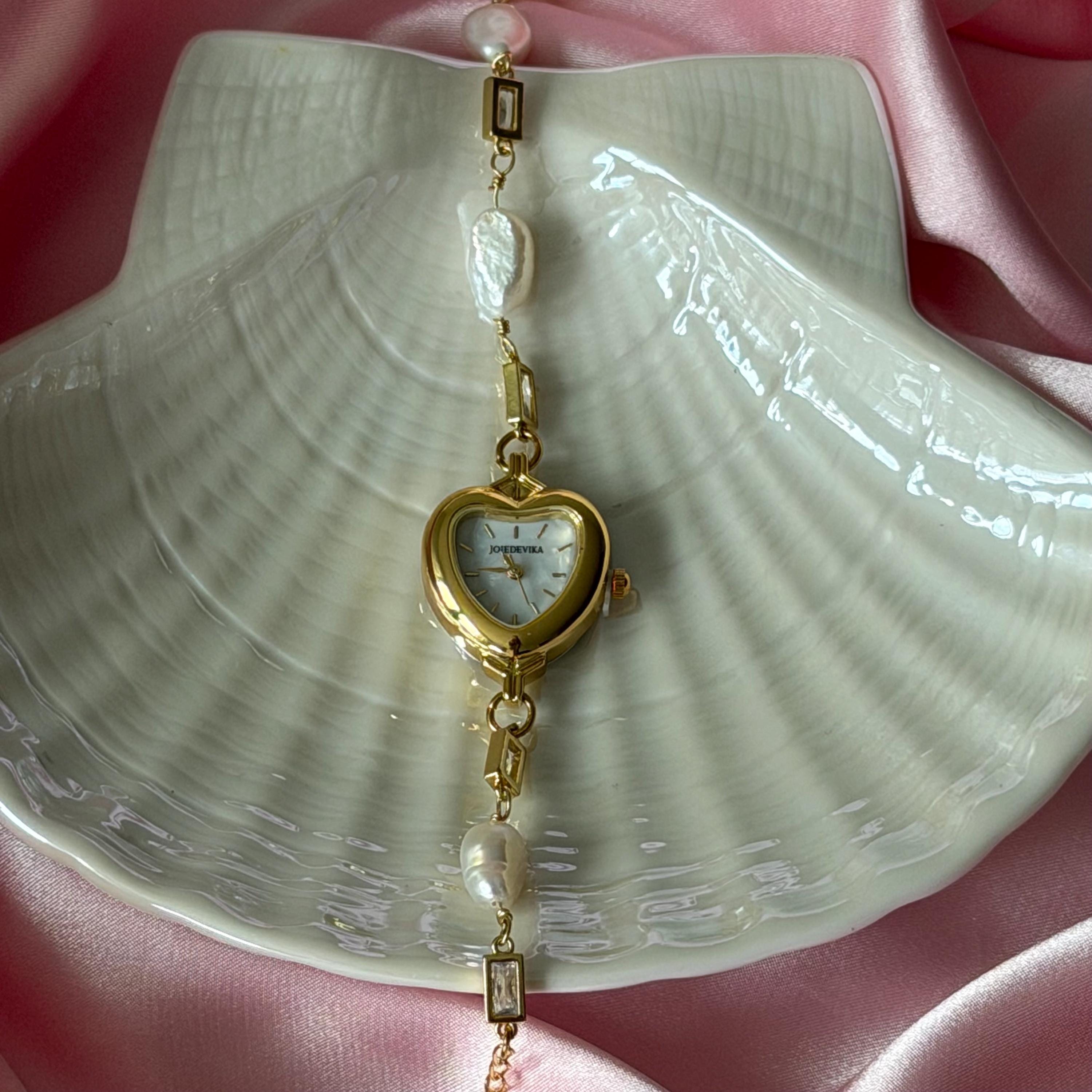 Heart Watch Bracelet with Freshwater Pearls