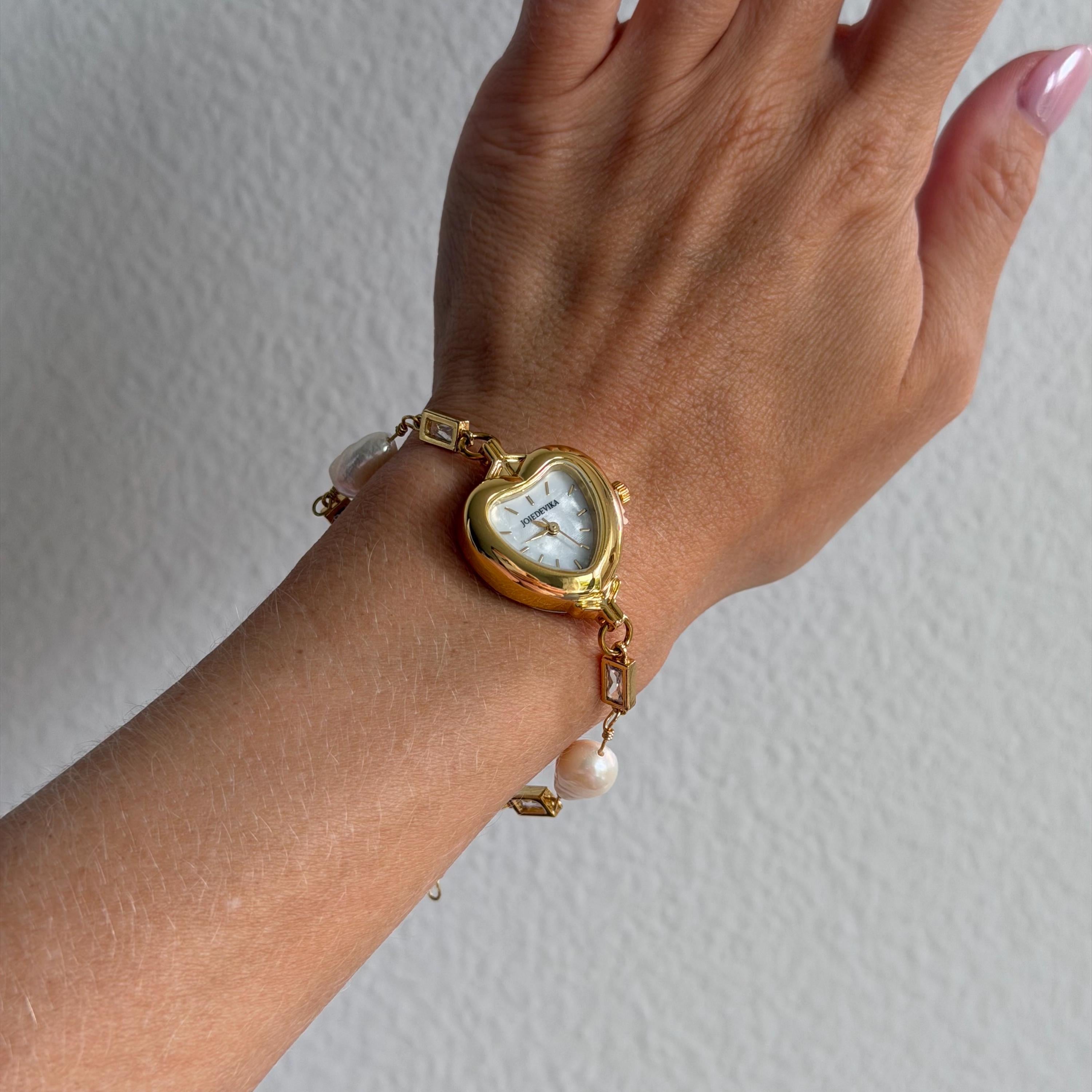 Heart Watch Bracelet with Freshwater Pearls