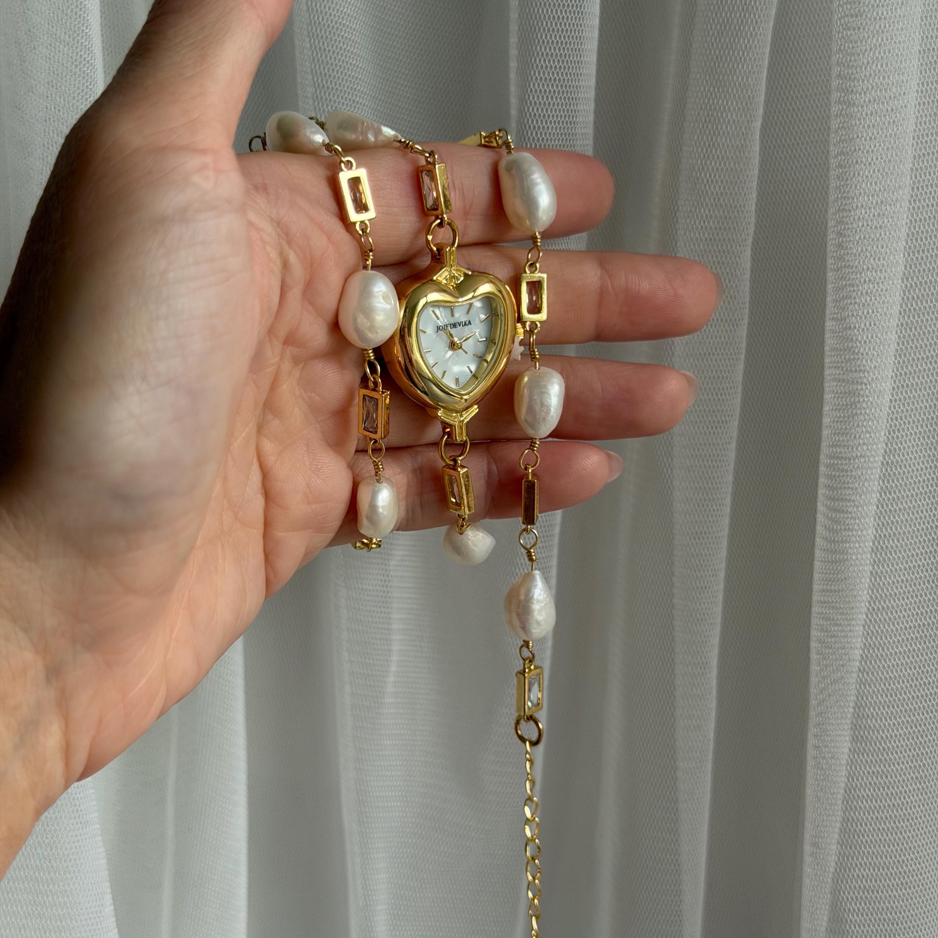 Heart Watch Bracelet with Freshwater Pearls