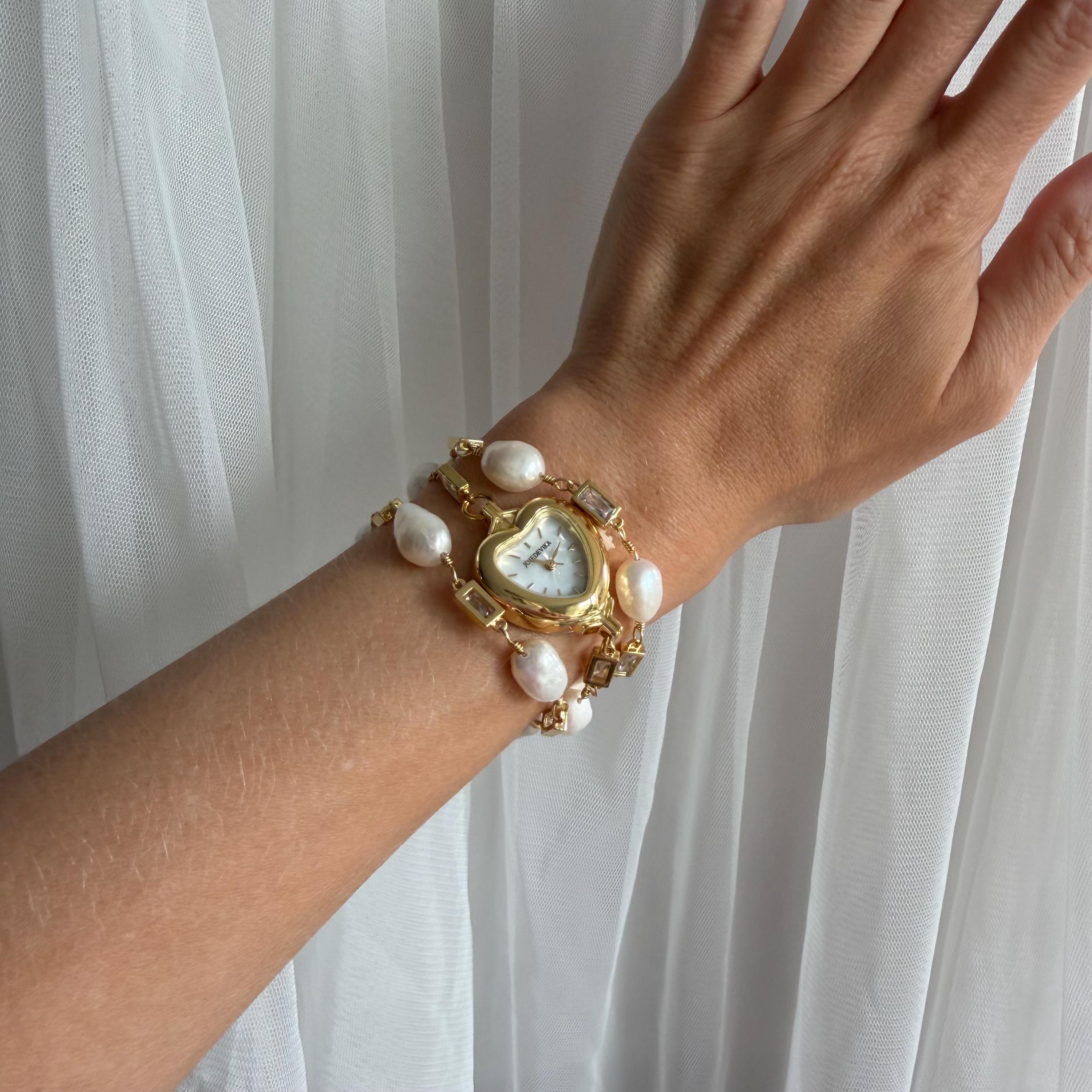 Heart Watch Bracelet with Freshwater Pearls