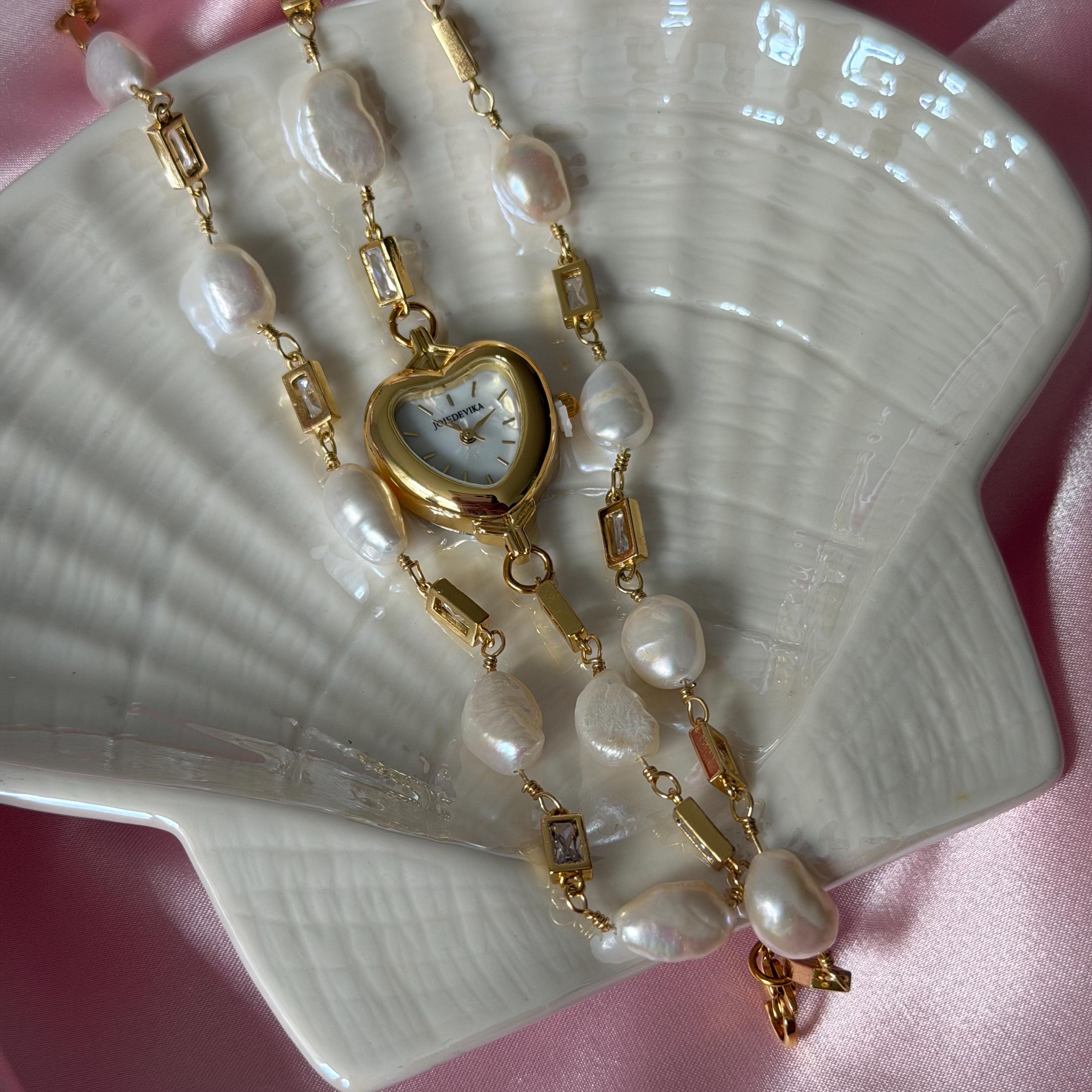 Heart Watch Bracelet with Freshwater Pearls