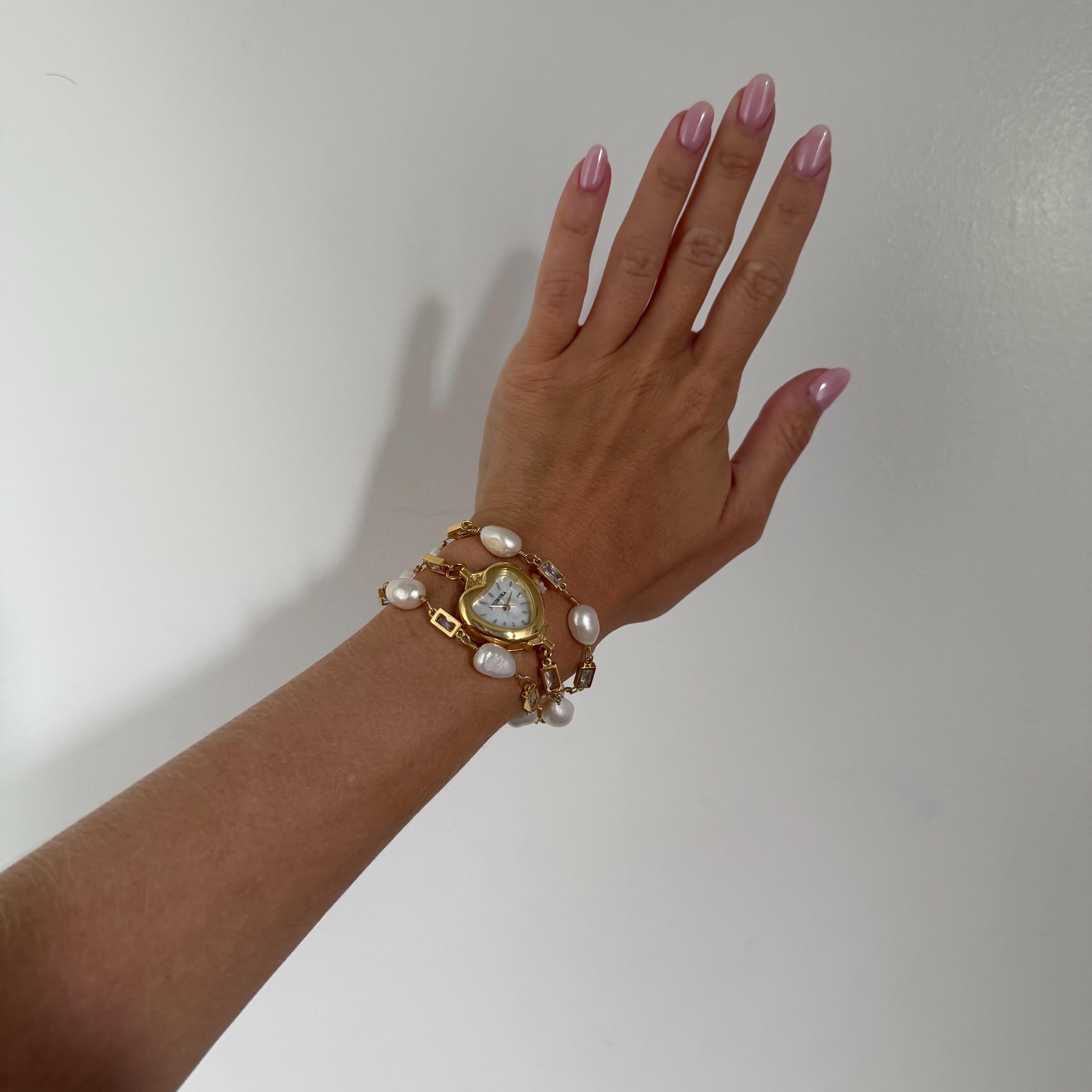 Heart Watch Bracelet with Freshwater Pearls