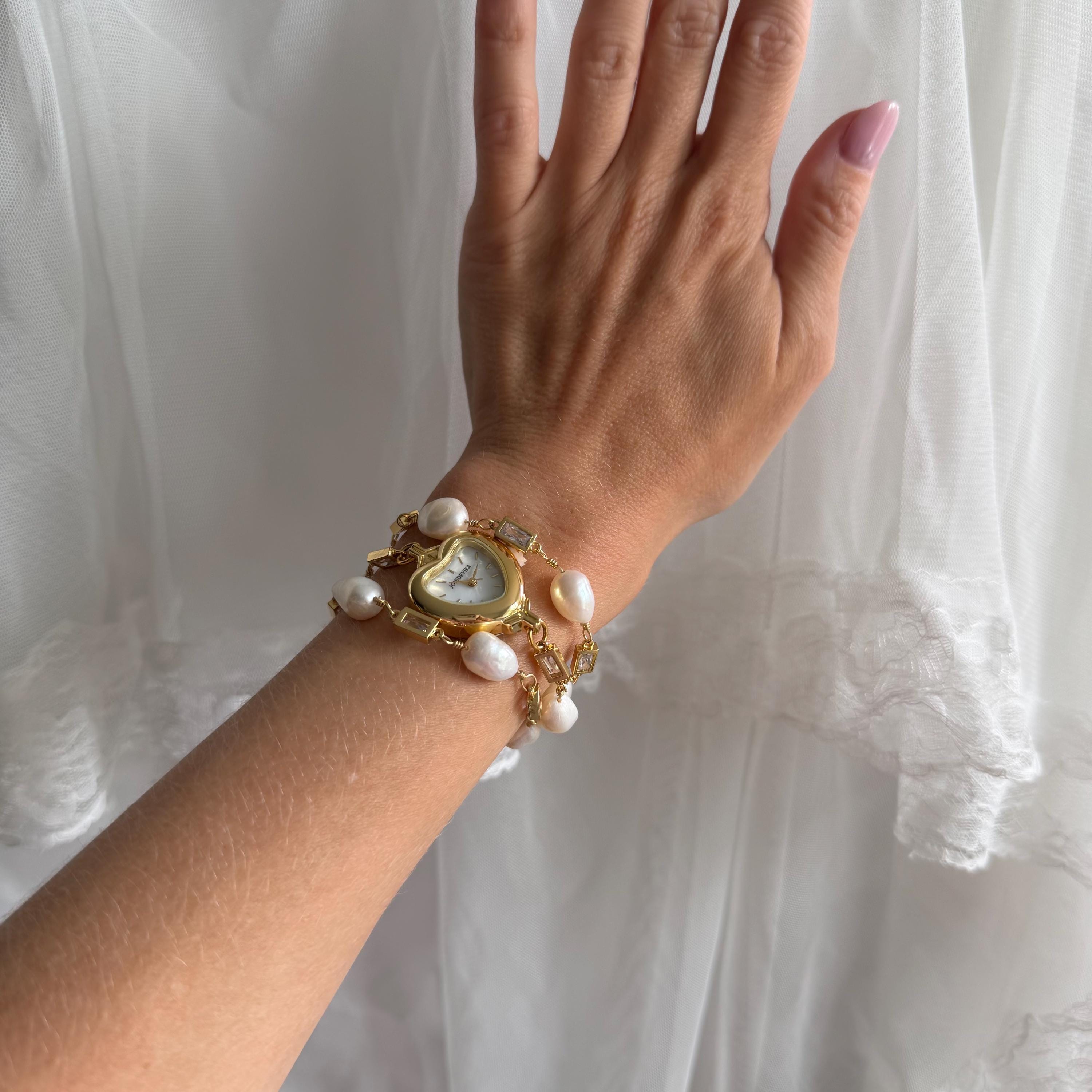 Heart Watch Bracelet with Freshwater Pearls