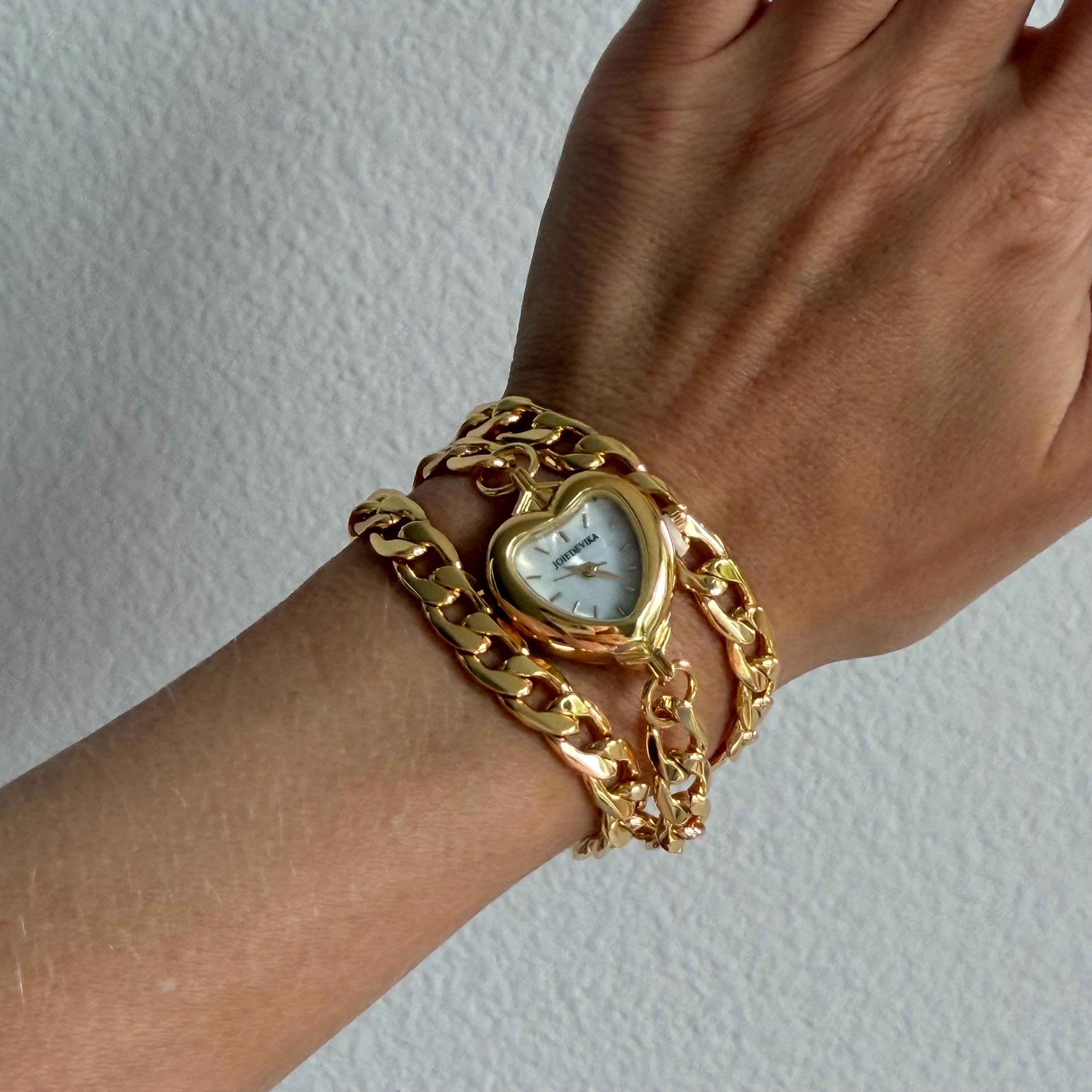 Heart Watch Wrap Bracelet, Chunky Gold Chain Watch Bracelet, Shell Dial Heart Watch, Old Money Coquette Jewelry, My Design, Gift for Her