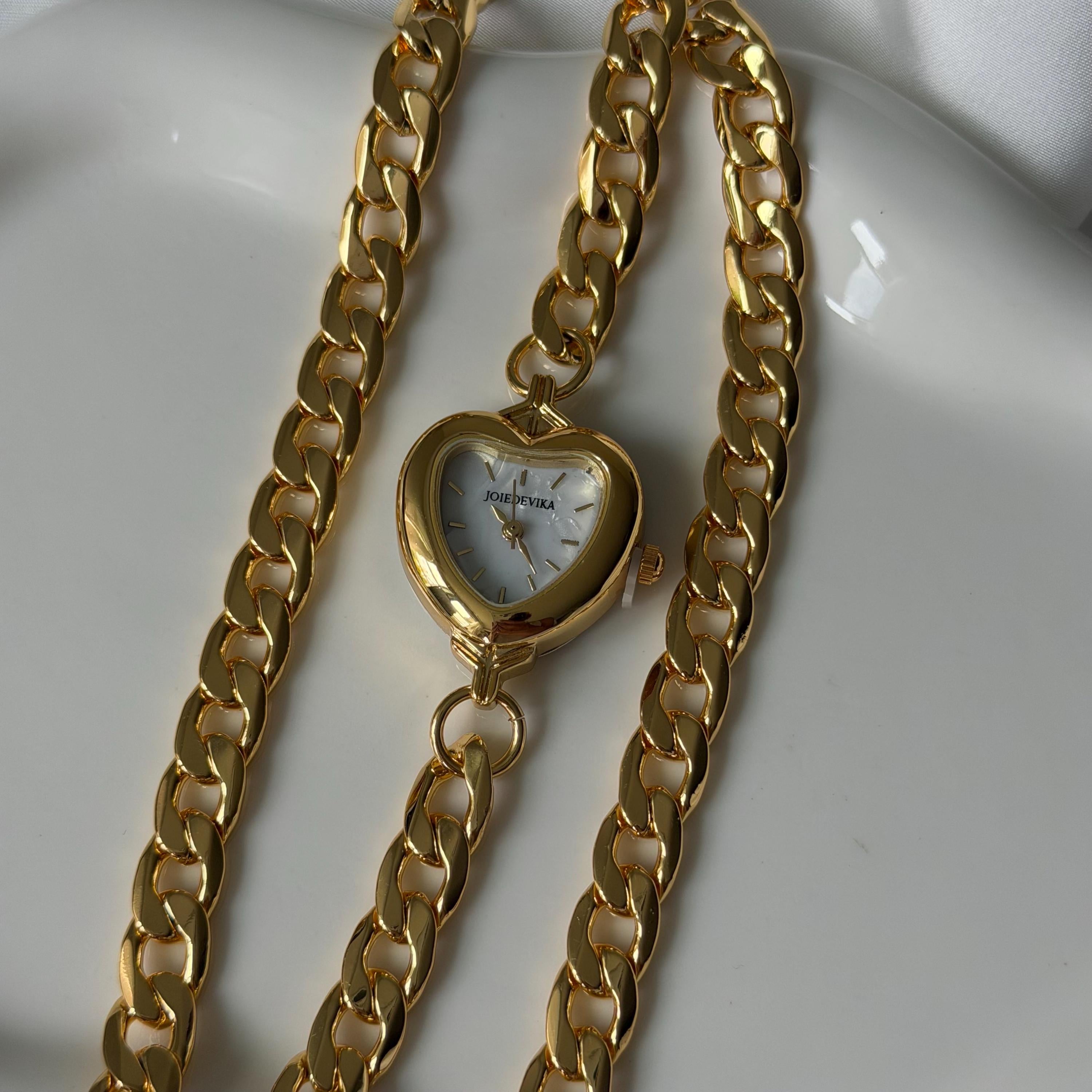 Heart Watch Wrap Bracelet, Chunky Gold Chain Watch Bracelet, Shell Dial Heart Watch, Old Money Coquette Jewelry, My Design, Gift for Her