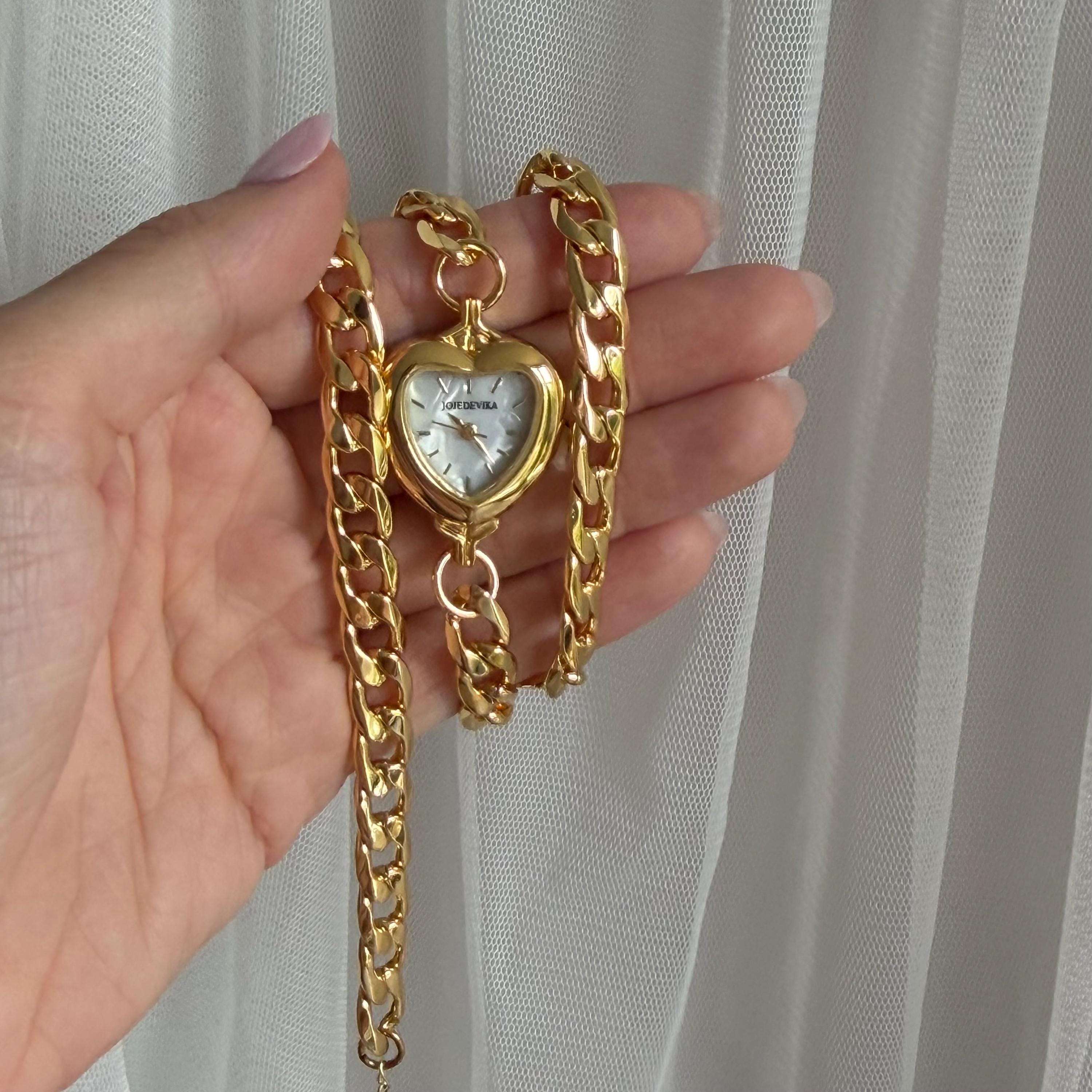 Heart Watch Wrap Bracelet, Chunky Gold Chain Watch Bracelet, Shell Dial Heart Watch, Old Money Coquette Jewelry, My Design, Gift for Her