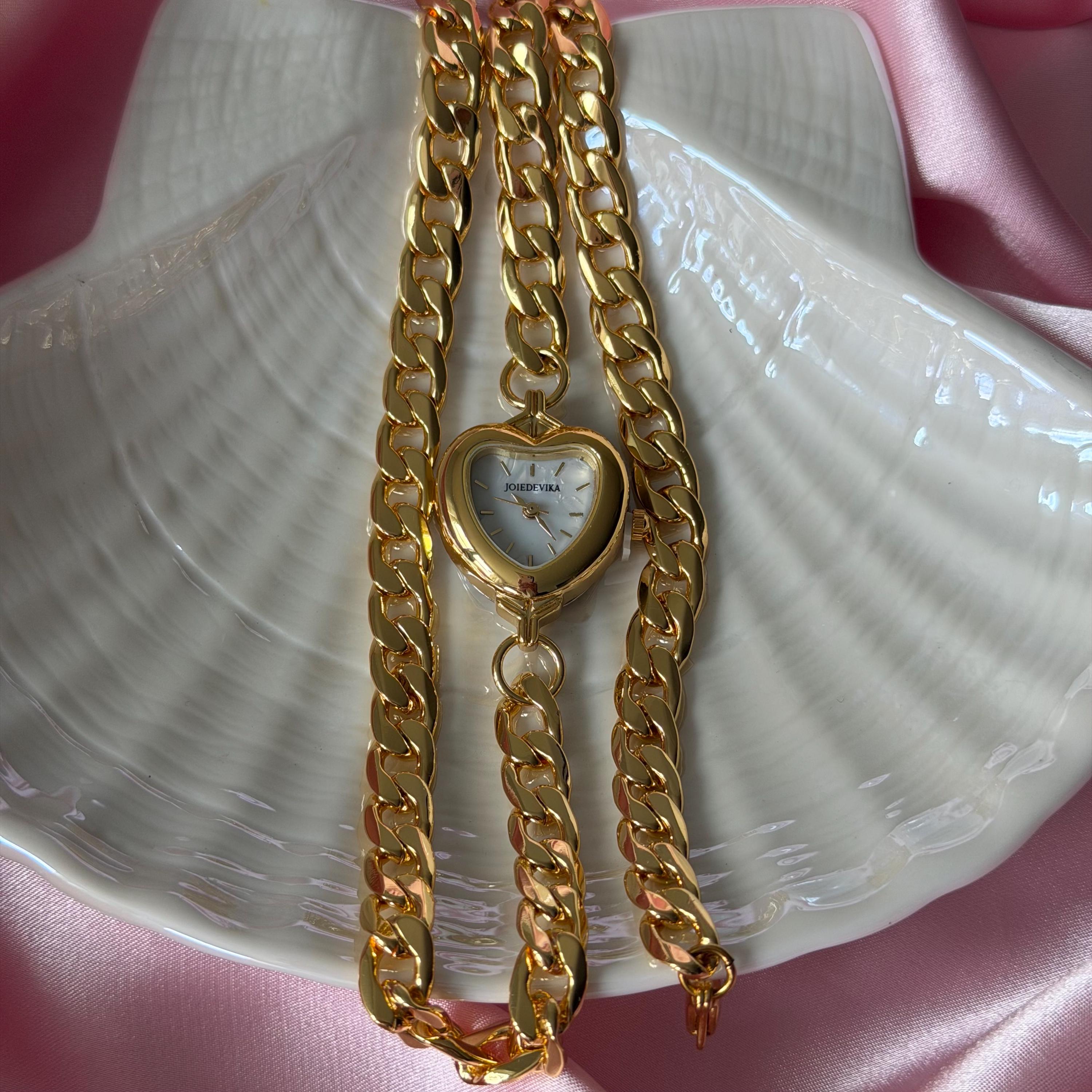 Heart Watch Wrap Bracelet, Chunky Gold Chain Watch Bracelet, Shell Dial Heart Watch, Old Money Coquette Jewelry, My Design, Gift for Her