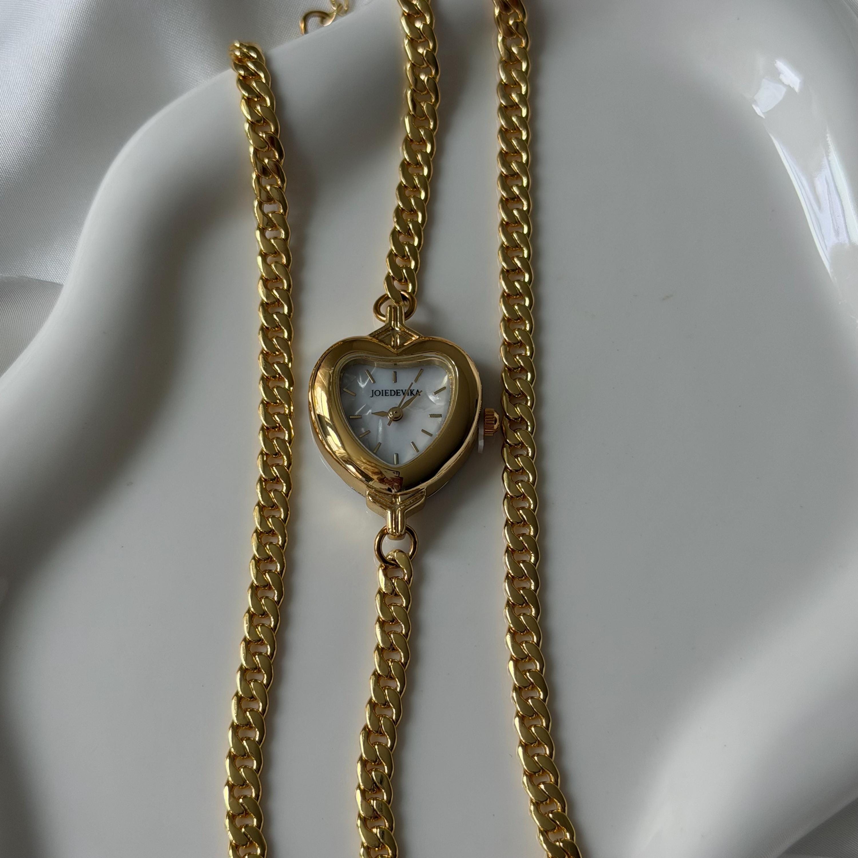 Heart Watch Bracelet, Dainty Gold Curb Chain Watch Bracelet, Shell Dial Heart Watch, Old Money Coquette Jewelry, My Design, Gift for Her