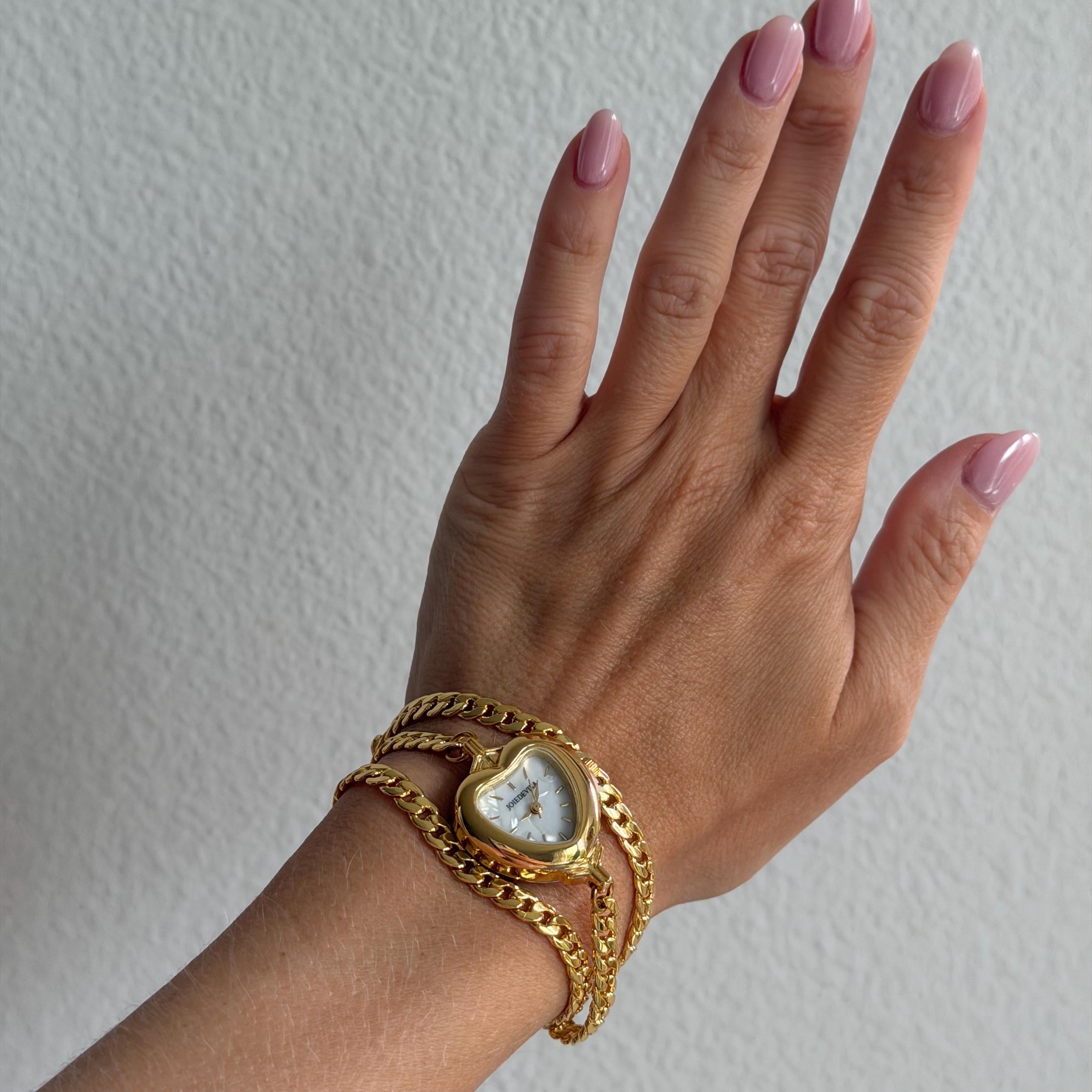 Heart Watch Bracelet, Dainty Gold Curb Chain Watch Bracelet, Shell Dial Heart Watch, Old Money Coquette Jewelry, My Design, Gift for Her