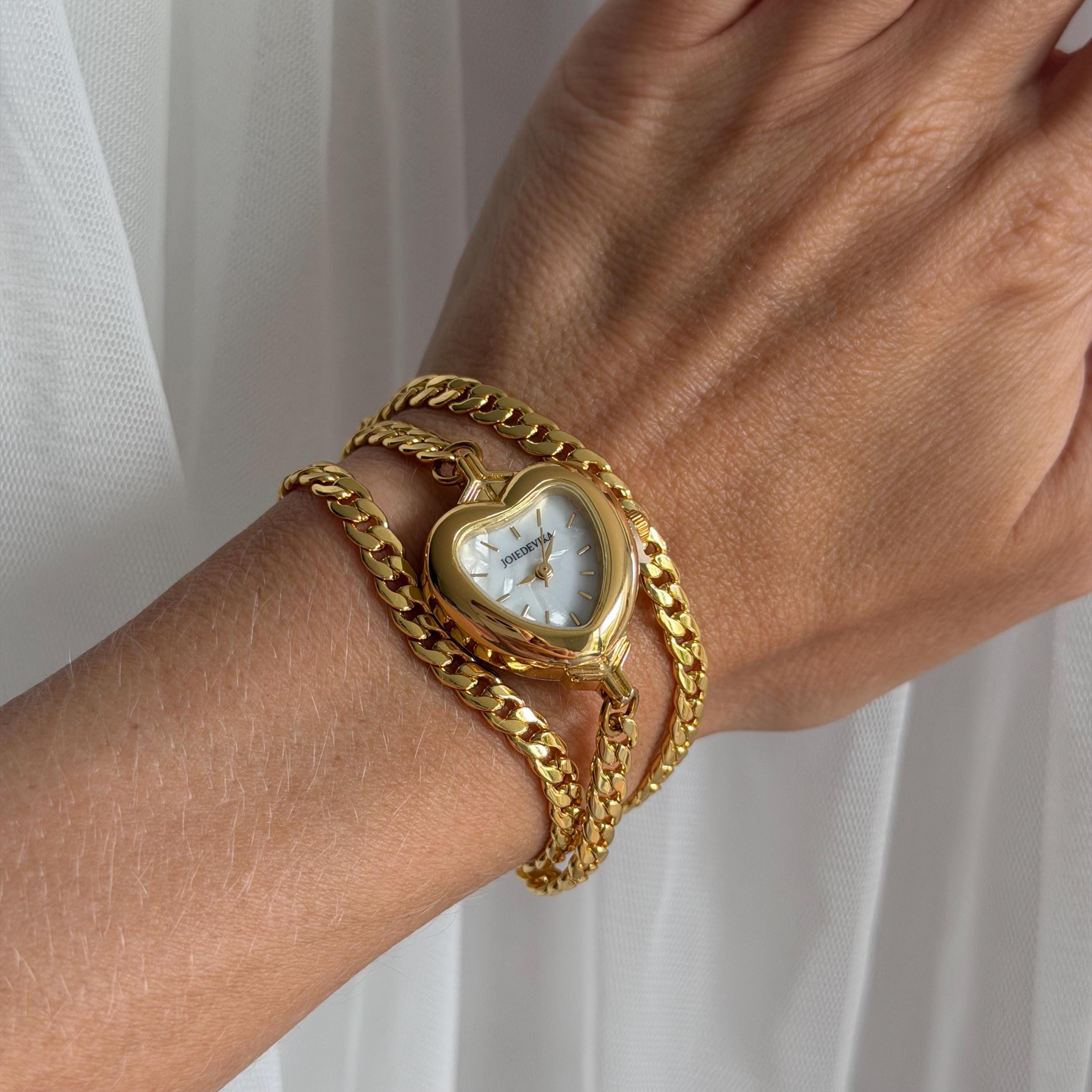 Heart Watch Bracelet, Dainty Gold Curb Chain Watch Bracelet, Shell Dial Heart Watch, Old Money Coquette Jewelry, My Design, Gift for Her