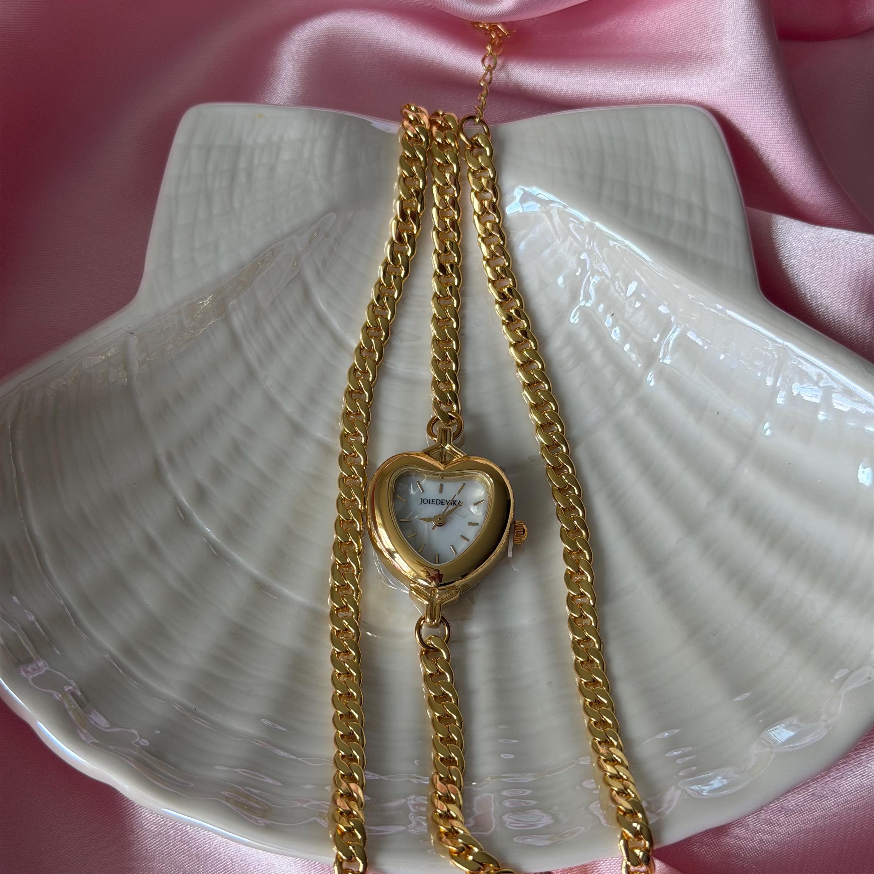 Heart Watch Bracelet, Dainty Gold Curb Chain Watch Bracelet, Shell Dial Heart Watch, Old Money Coquette Jewelry, My Design, Gift for Her