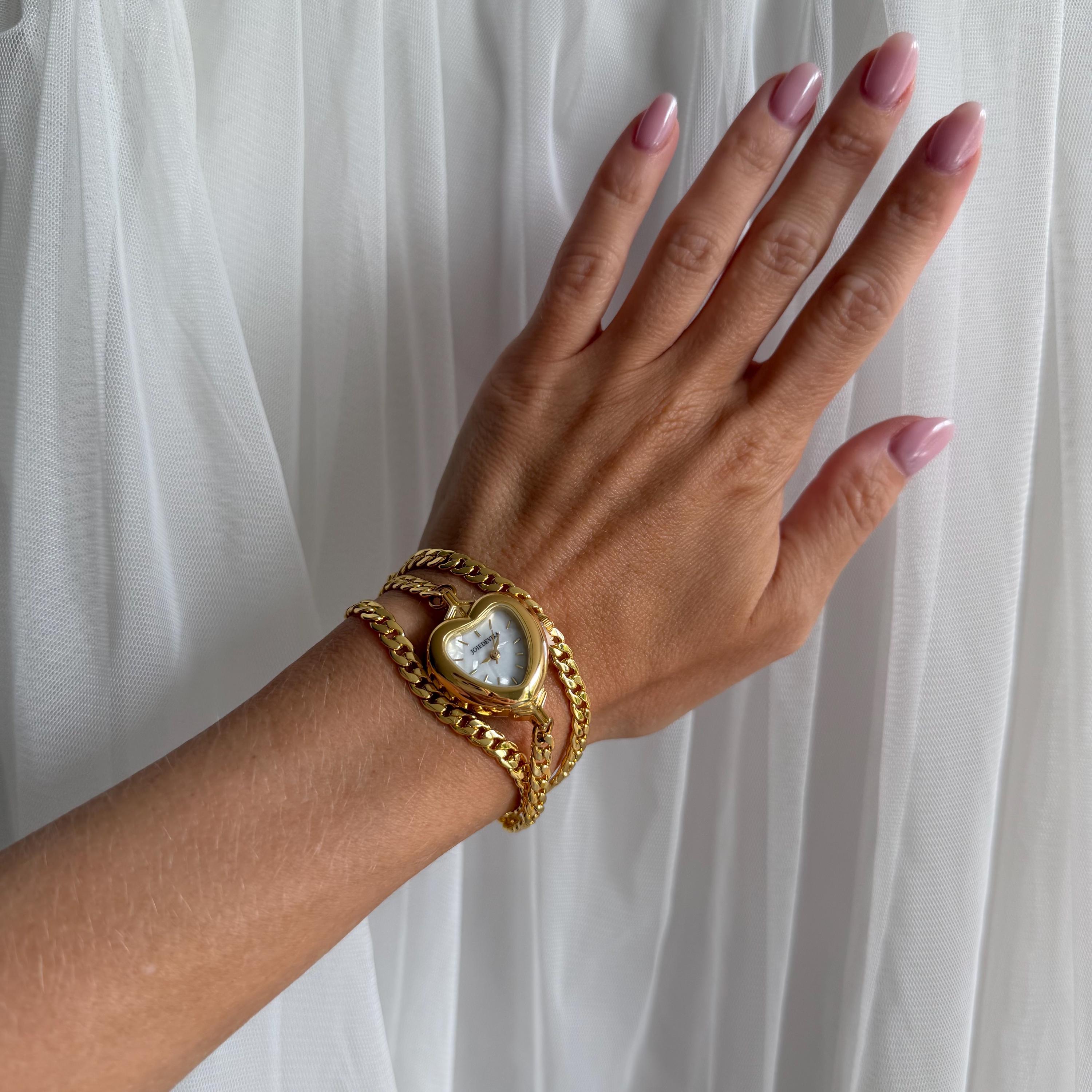 Heart Watch Bracelet, Dainty Gold Curb Chain Watch Bracelet, Shell Dial Heart Watch, Old Money Coquette Jewelry, My Design, Gift for Her