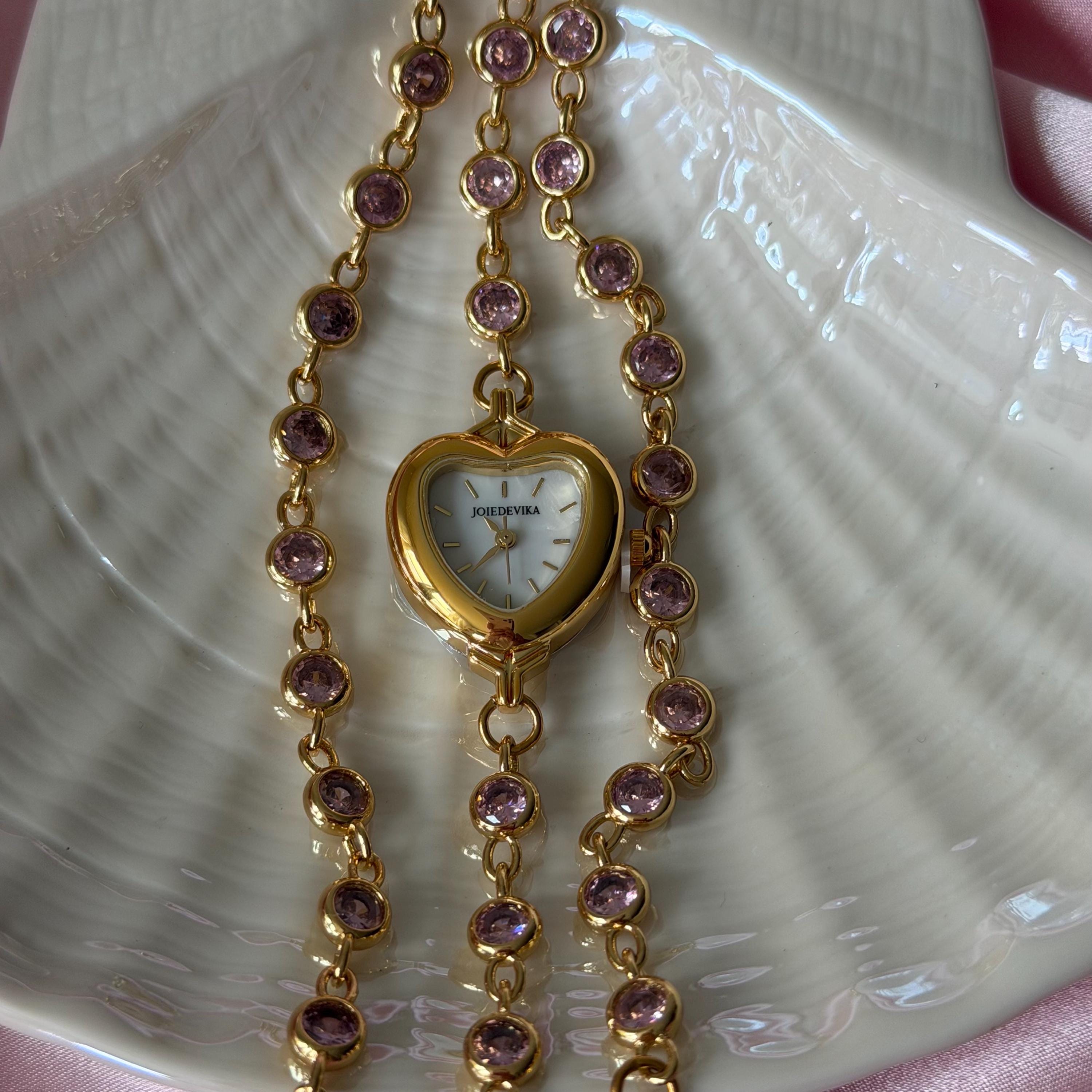 Heart Watch Bracelet with Pink Rhinestones Doube Wrap