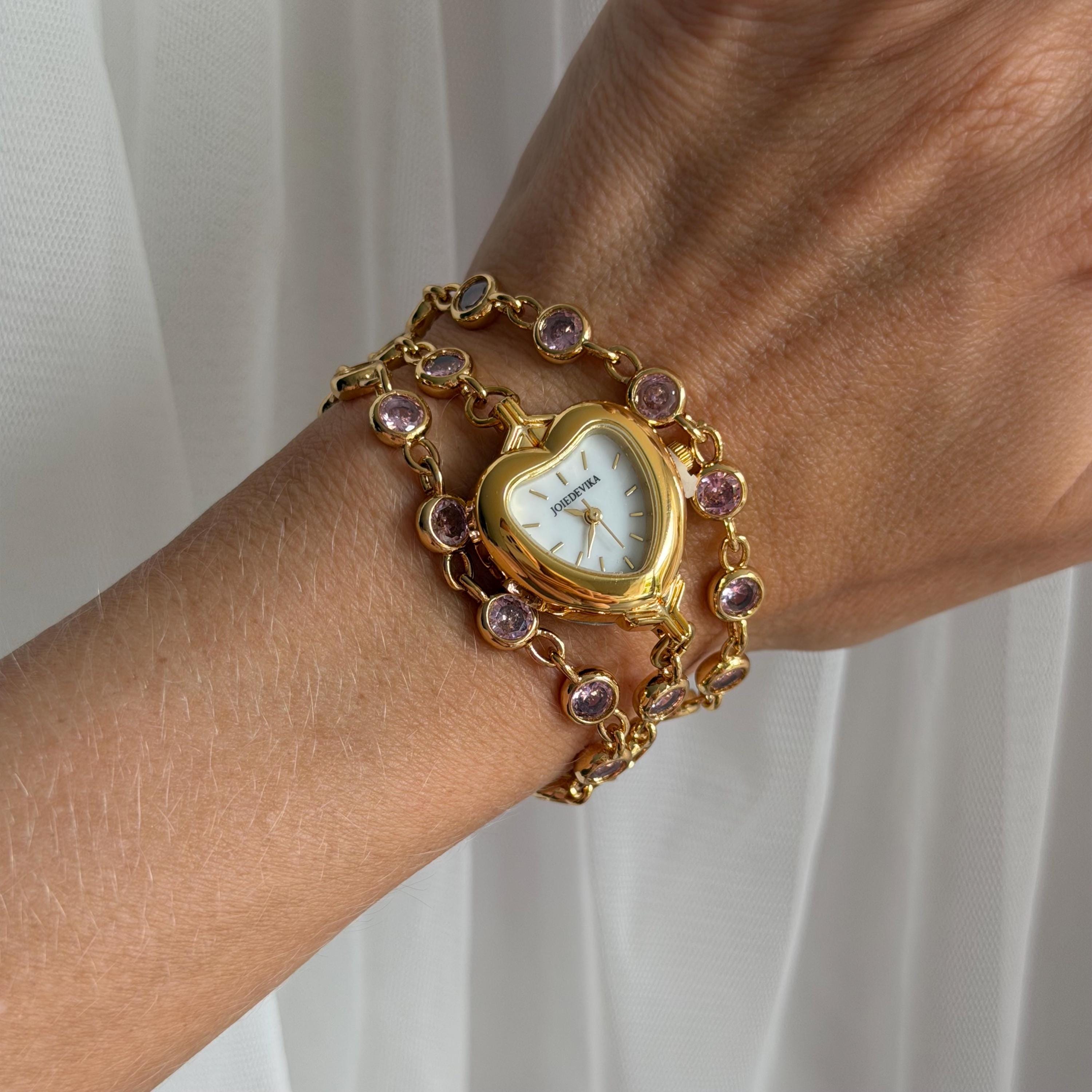 Heart Watch Bracelet with Pink Rhinestones Doube Wrap