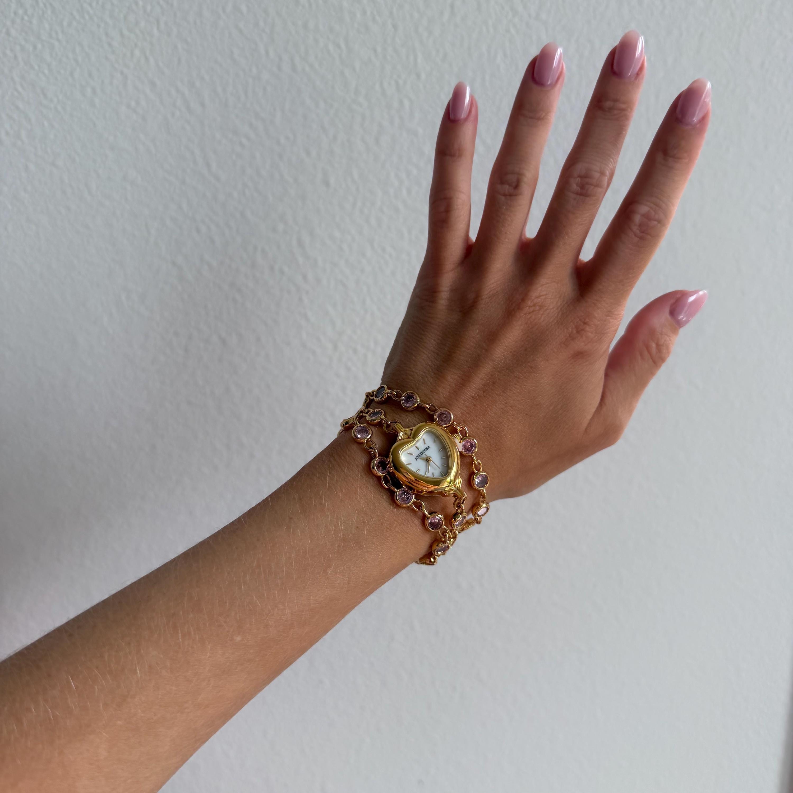 Heart Watch Bracelet with Pink Rhinestones Doube Wrap