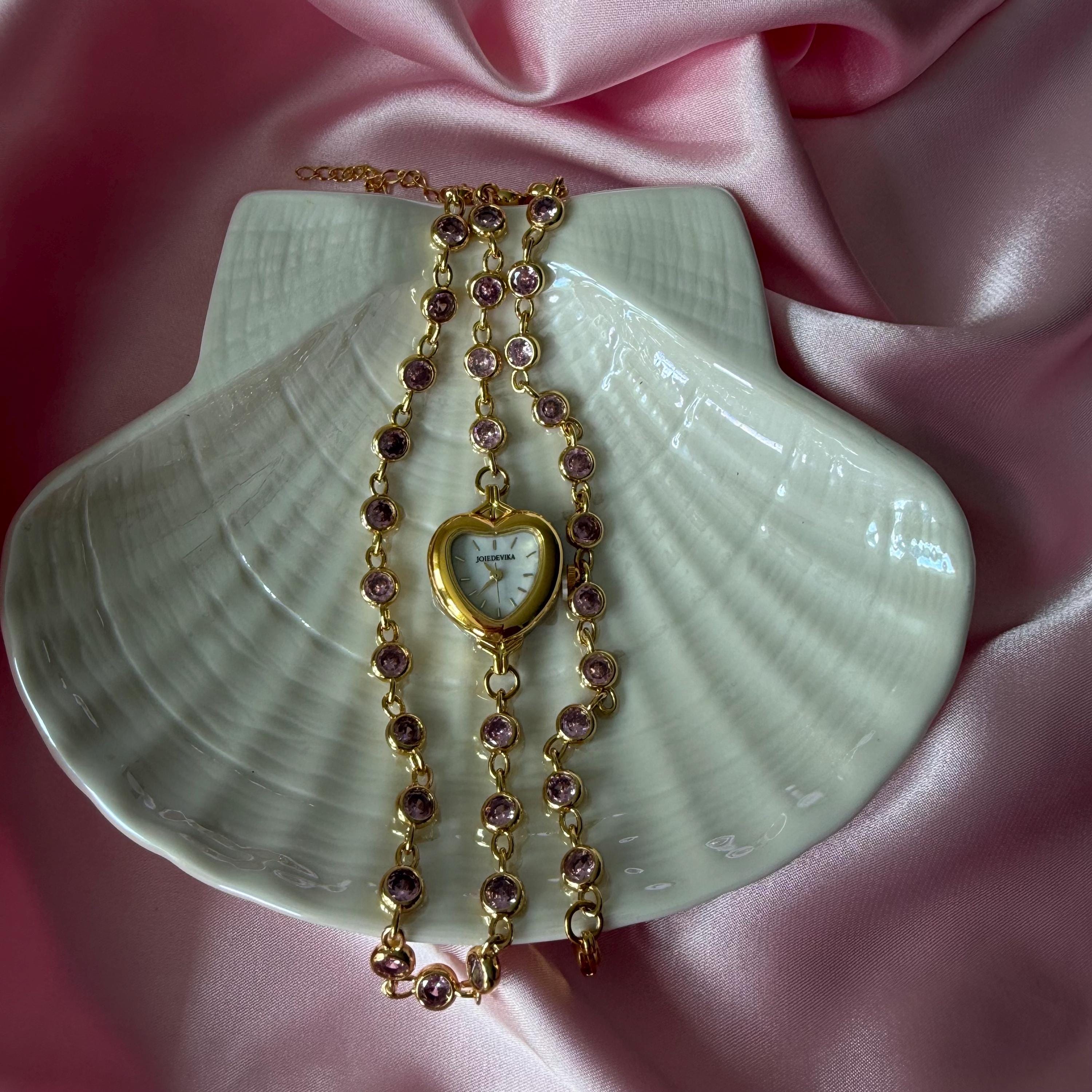 Heart Watch Bracelet with Pink Rhinestones Doube Wrap