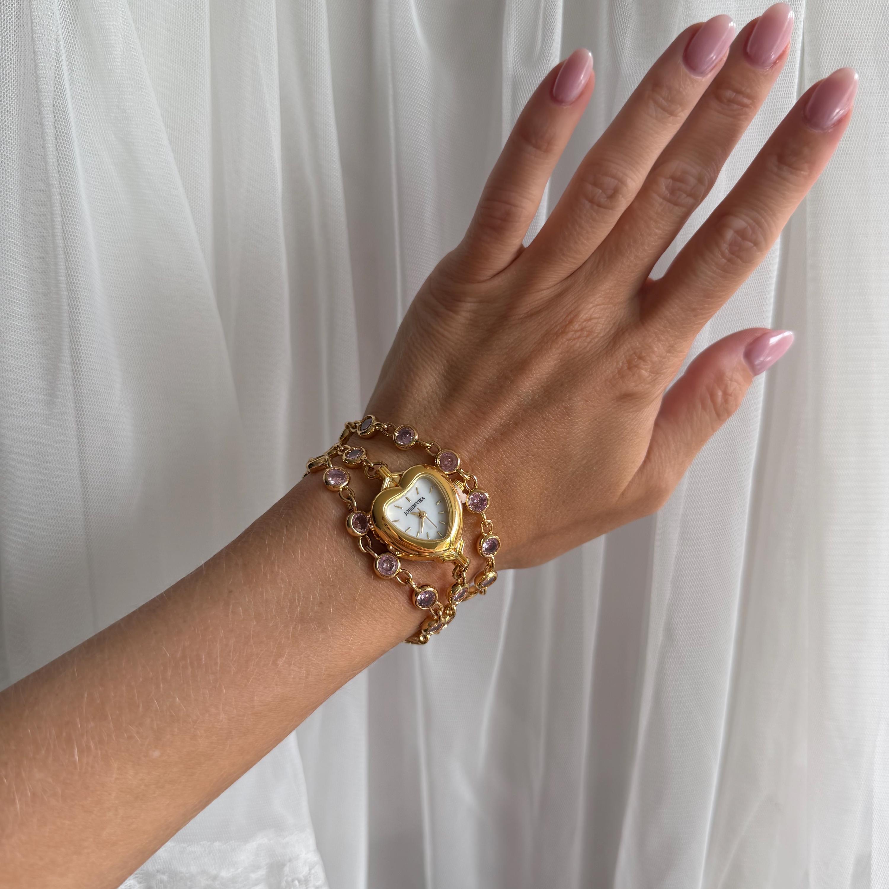 Heart Watch Bracelet with Pink Rhinestones Doube Wrap