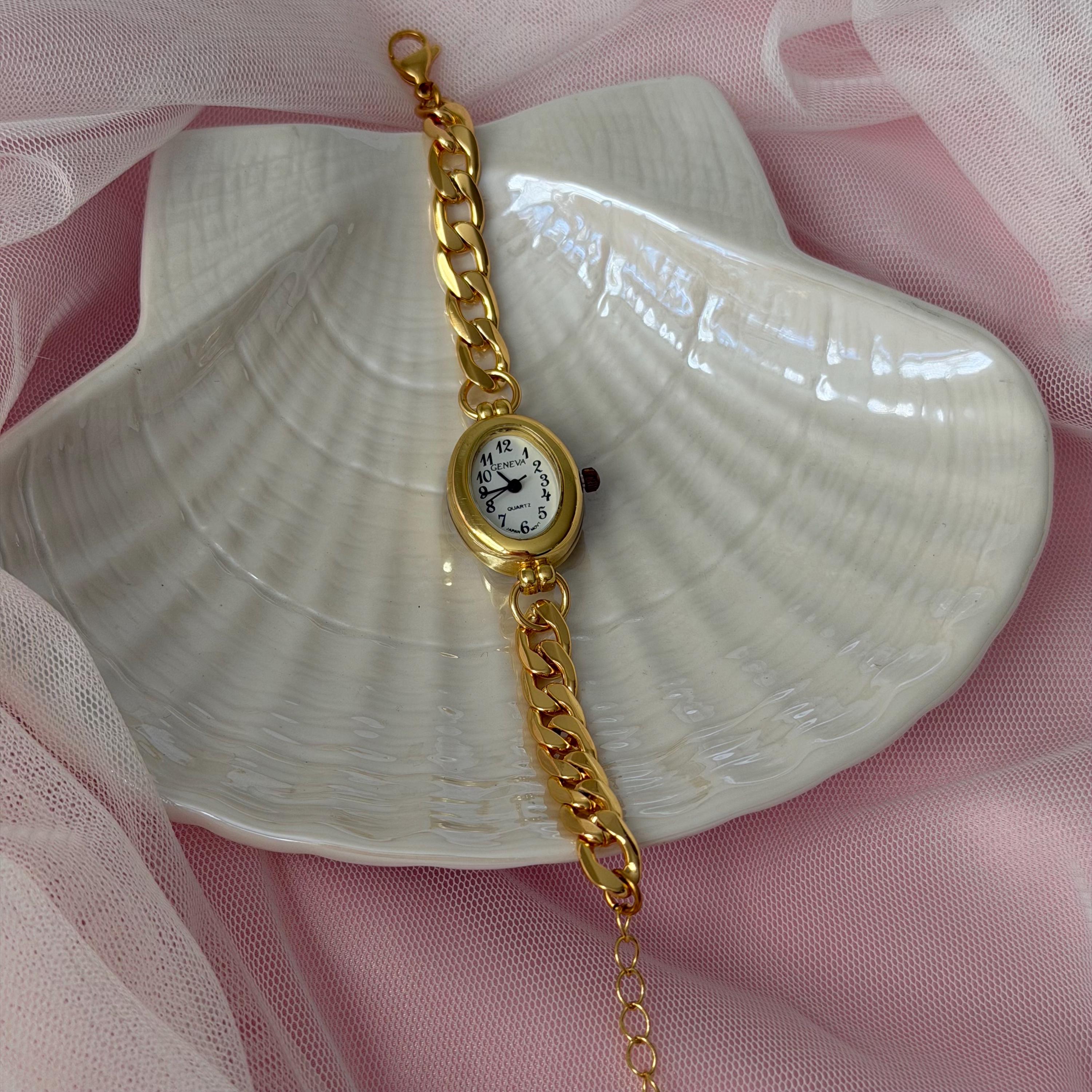 Gold Watch Bracelet, Vintage Inspired Bracelet Watch, Coquette Watch Jewelry, Pearl Heart Chain Watch, Gift for Her