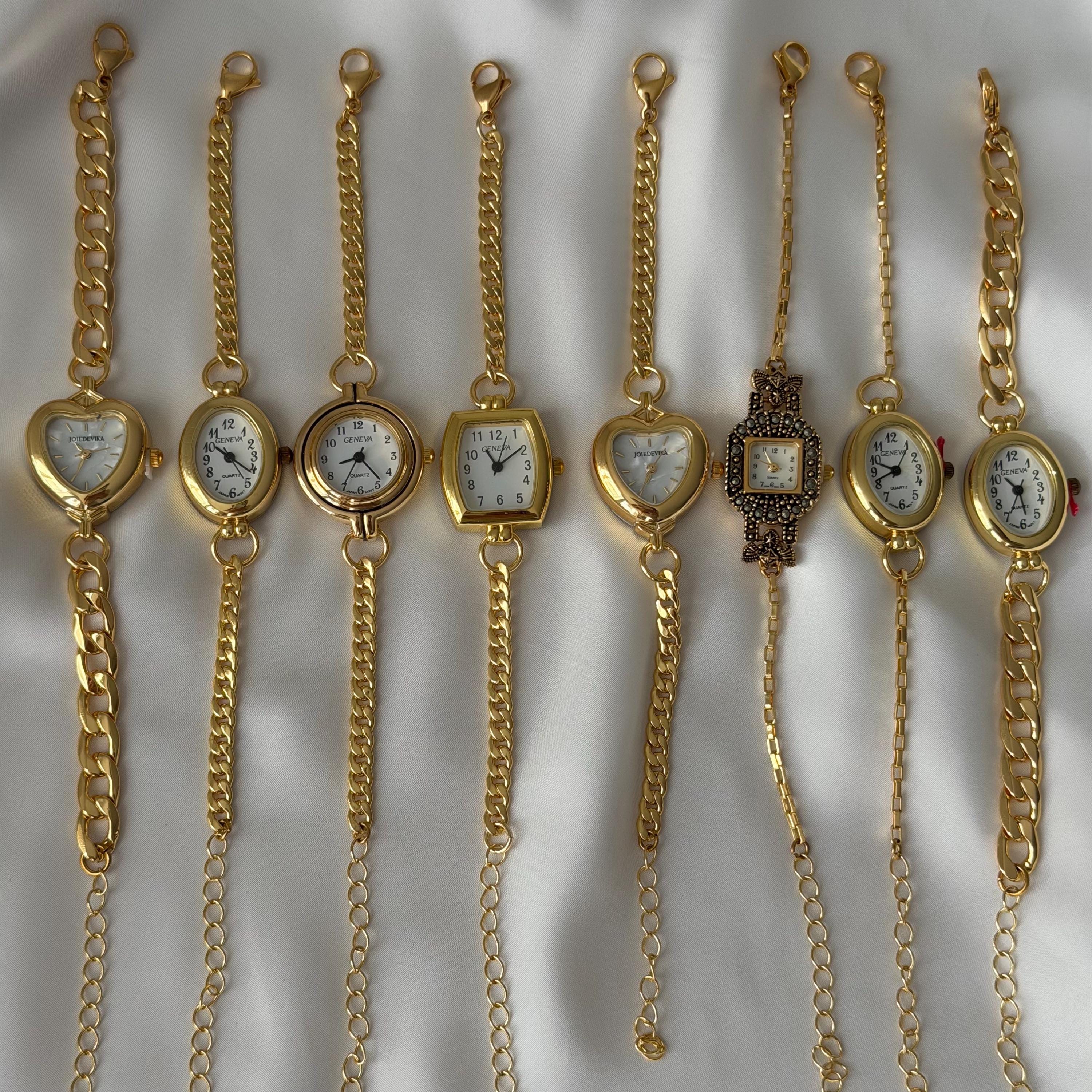 Vintage Style Gold Watch Bracelet, Dainty Chain Watch for Women, Heart Oval Square Face Wrist Watch, Gift for Her
