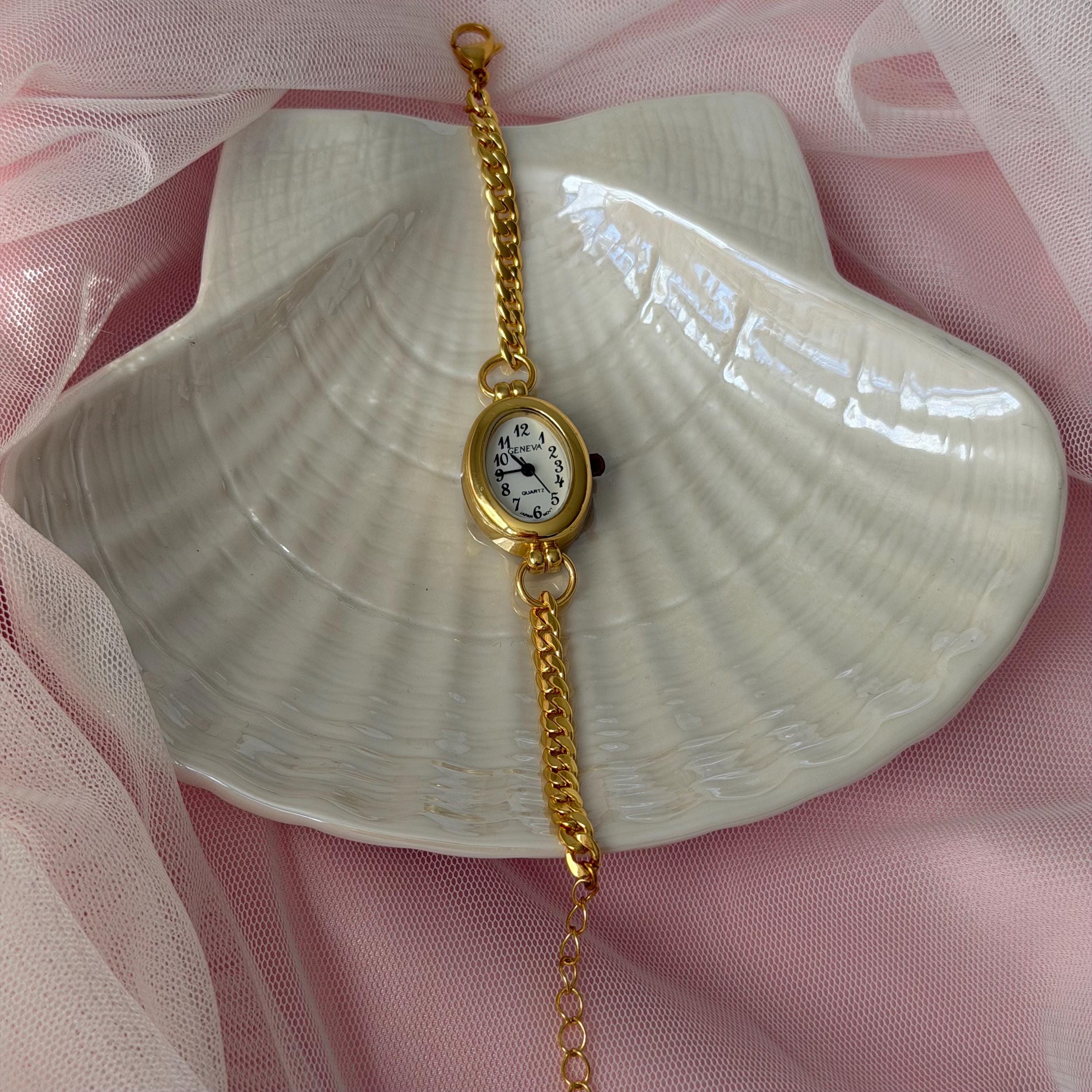 Vintage Style Gold Watch Bracelet, Dainty Chain Watch for Women, Heart Oval Square Face Wrist Watch, Gift for Her