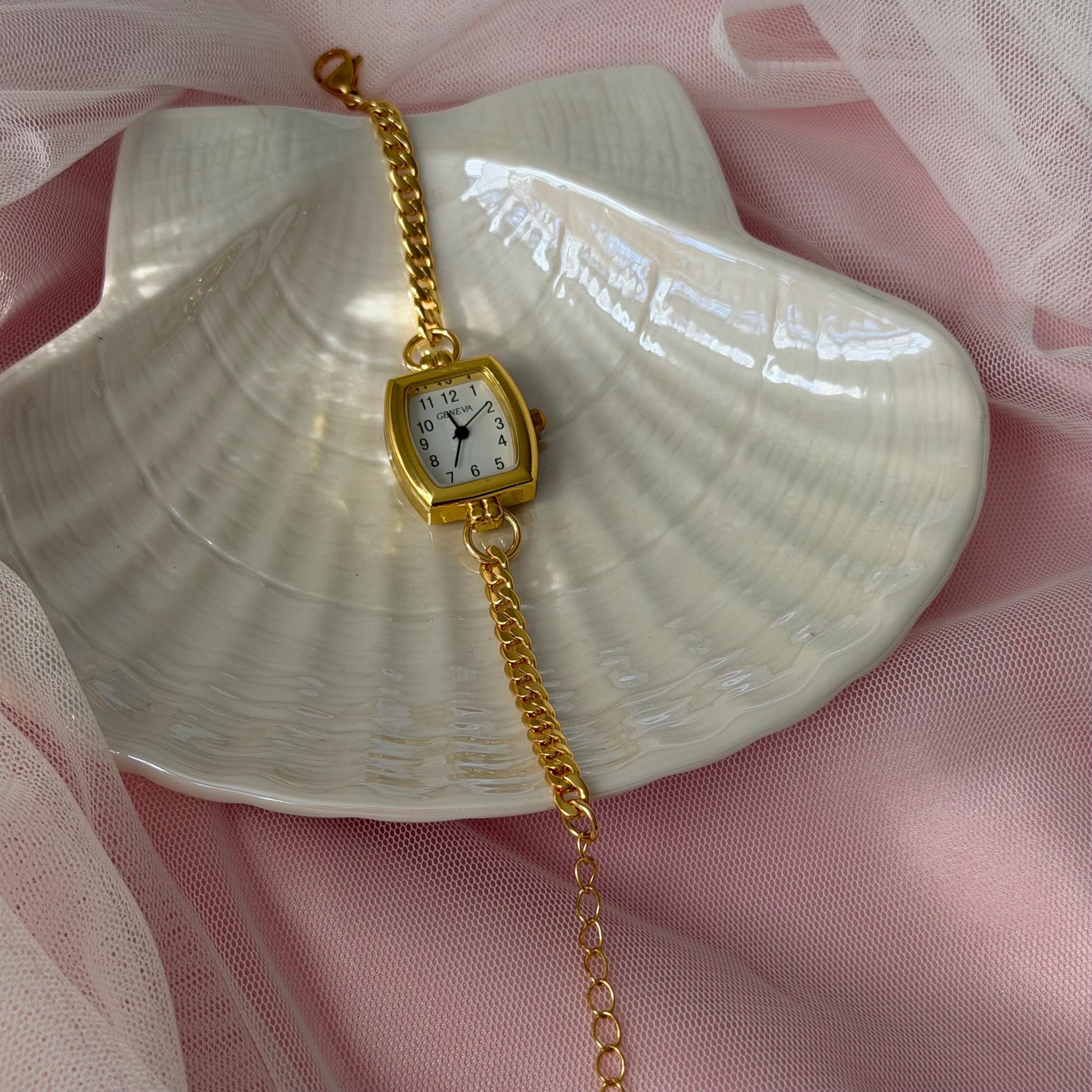 Vintage Style Gold Watch Bracelet, Dainty Chain Watch for Women, Heart Oval Square Face Wrist Watch, Gift for Her