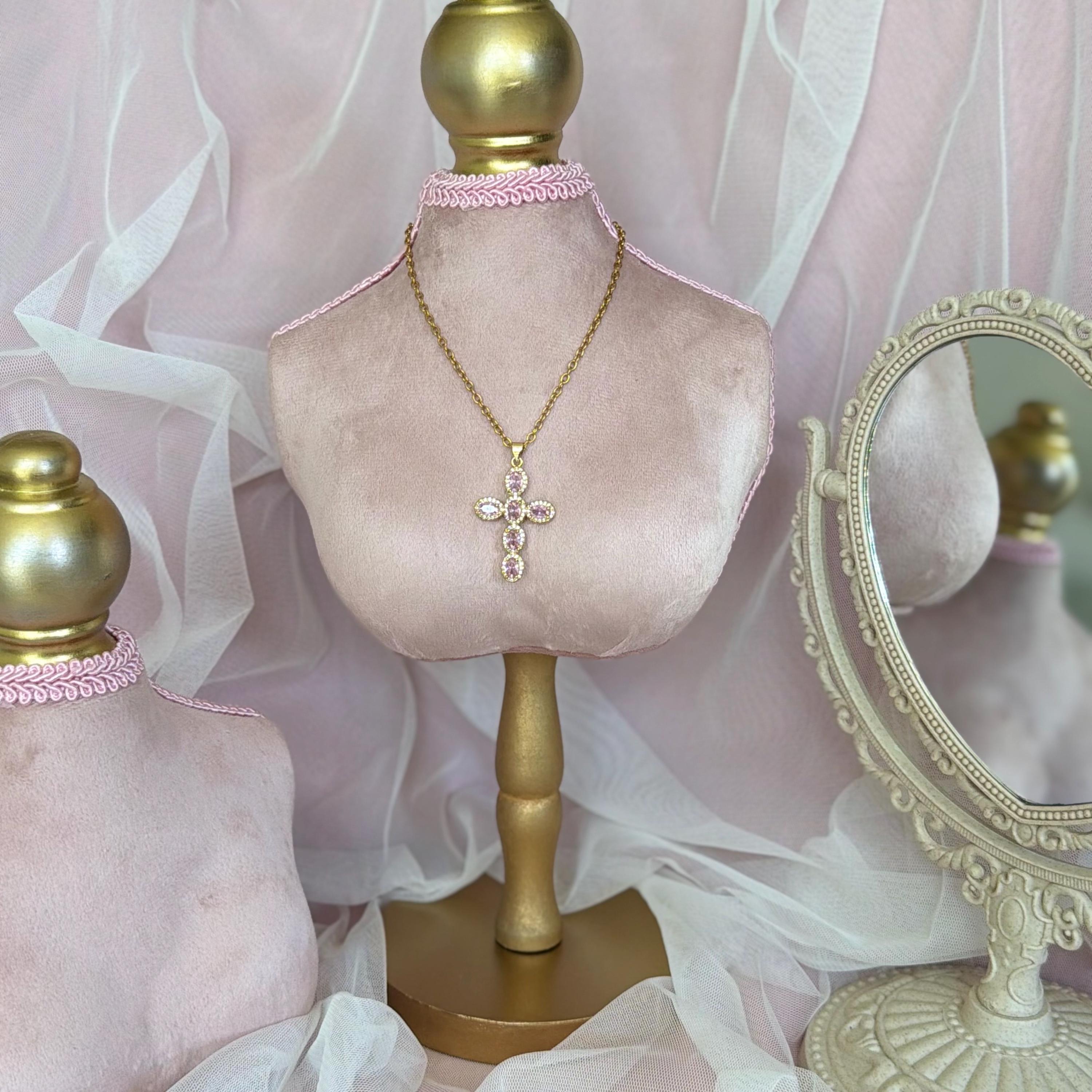Pink Cross Necklace, Gold Crystal Cross Pendant, Dainty Coquette Cross Necklace, Pink Stone Cross, Faith Jewelry, Gift for Her