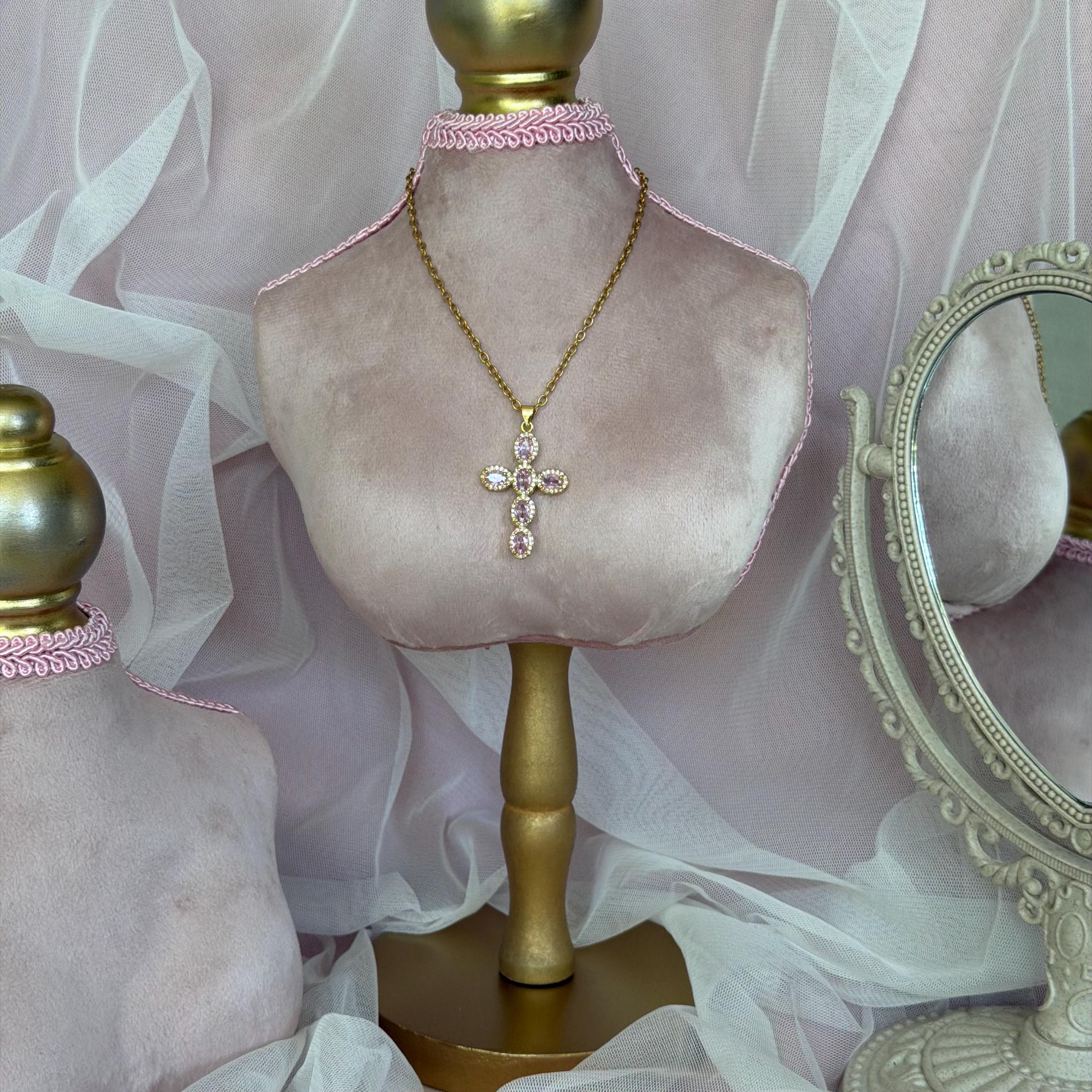 Pink Cross Necklace, Gold Crystal Cross Pendant, Dainty Coquette Cross Necklace, Pink Stone Cross, Faith Jewelry, Gift for Her